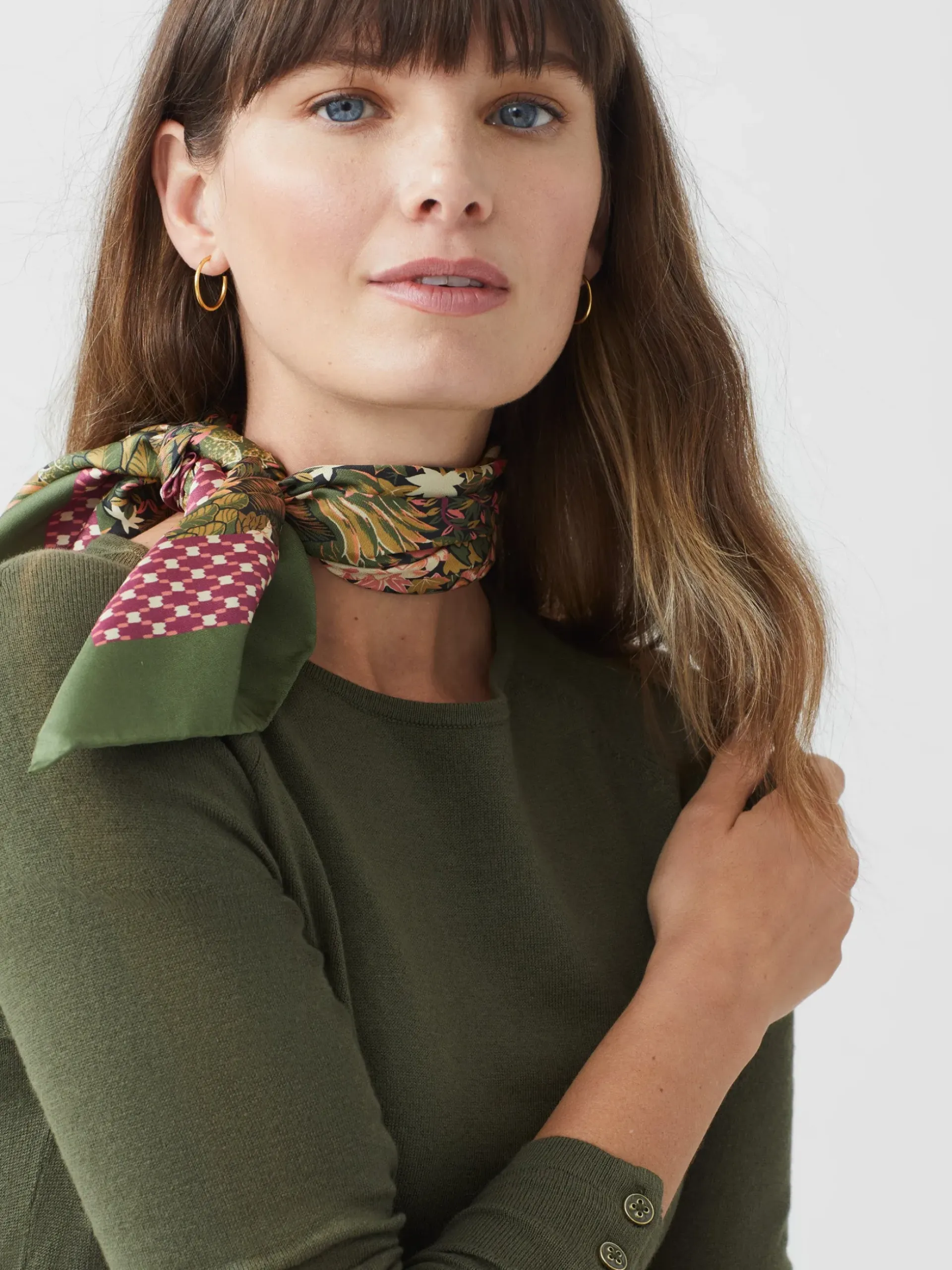 J.McLaughlin Amoura Silk Scarf in Verdant Garden Square Olive/Khaki Best