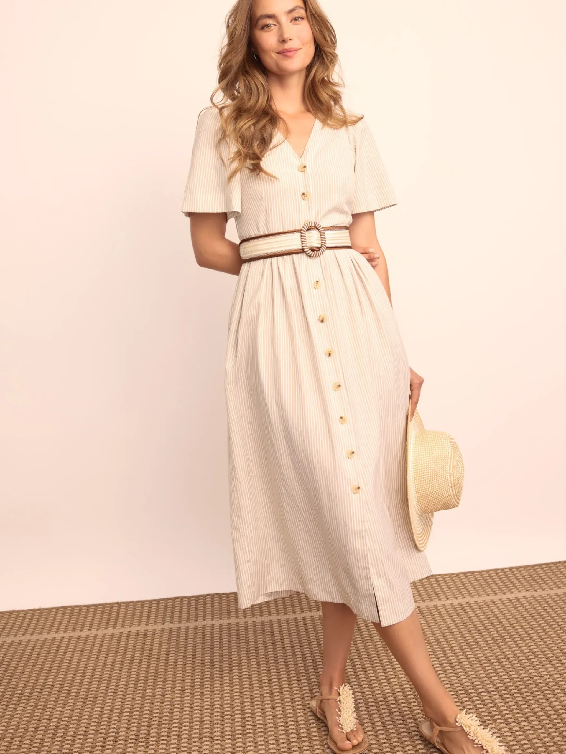 J.McLaughlin Annora Dress in Stripe OffWhite/Tan Sale