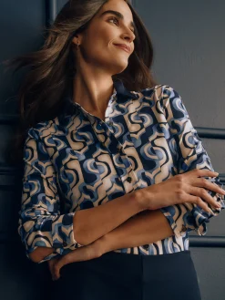 J.McLaughlin Betty Shirt in Abstract Curves Navy/Blue New