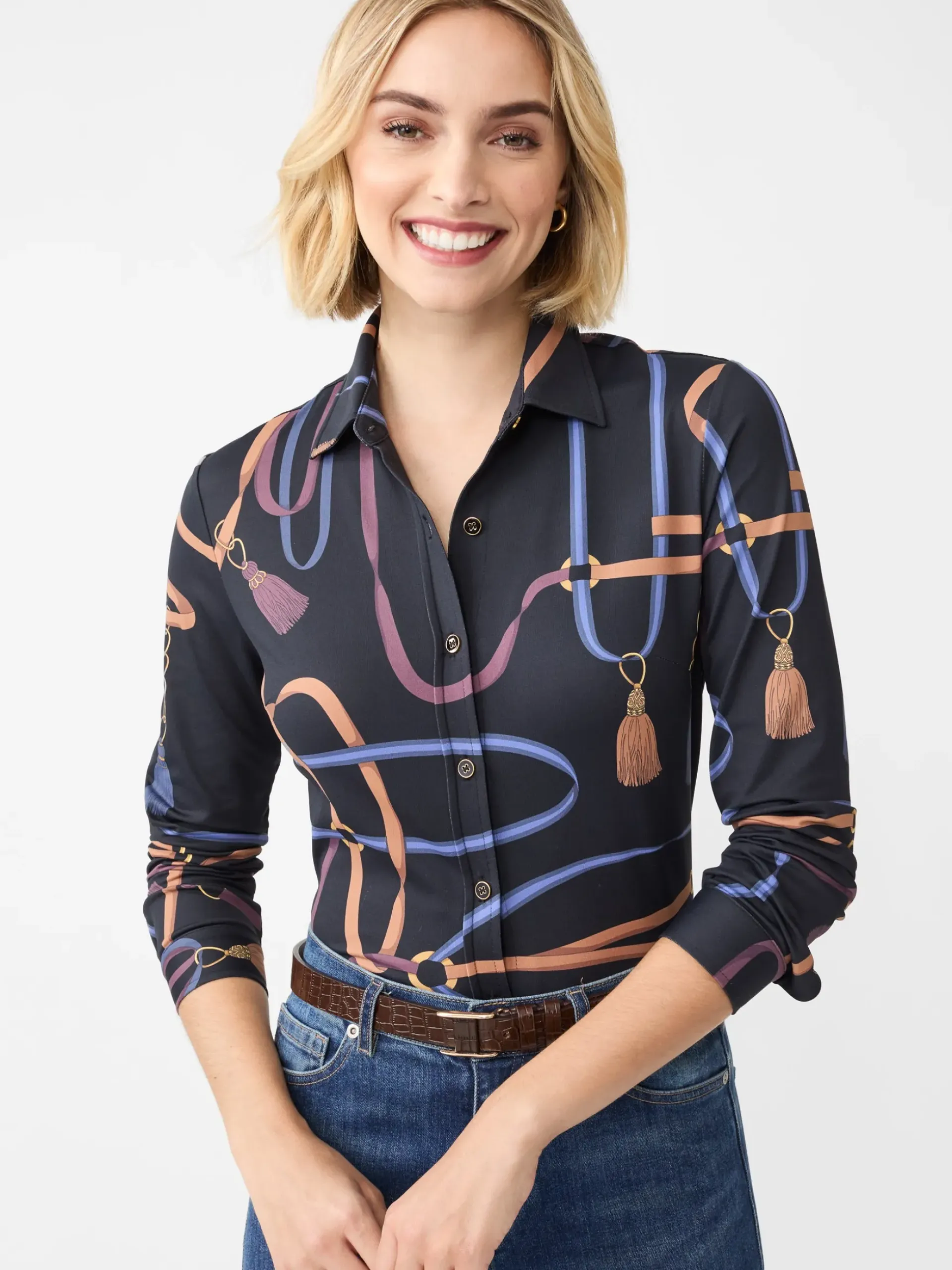 J.McLaughlin Betty Shirt in Fringe Fete Black/Blue/Purple Hot