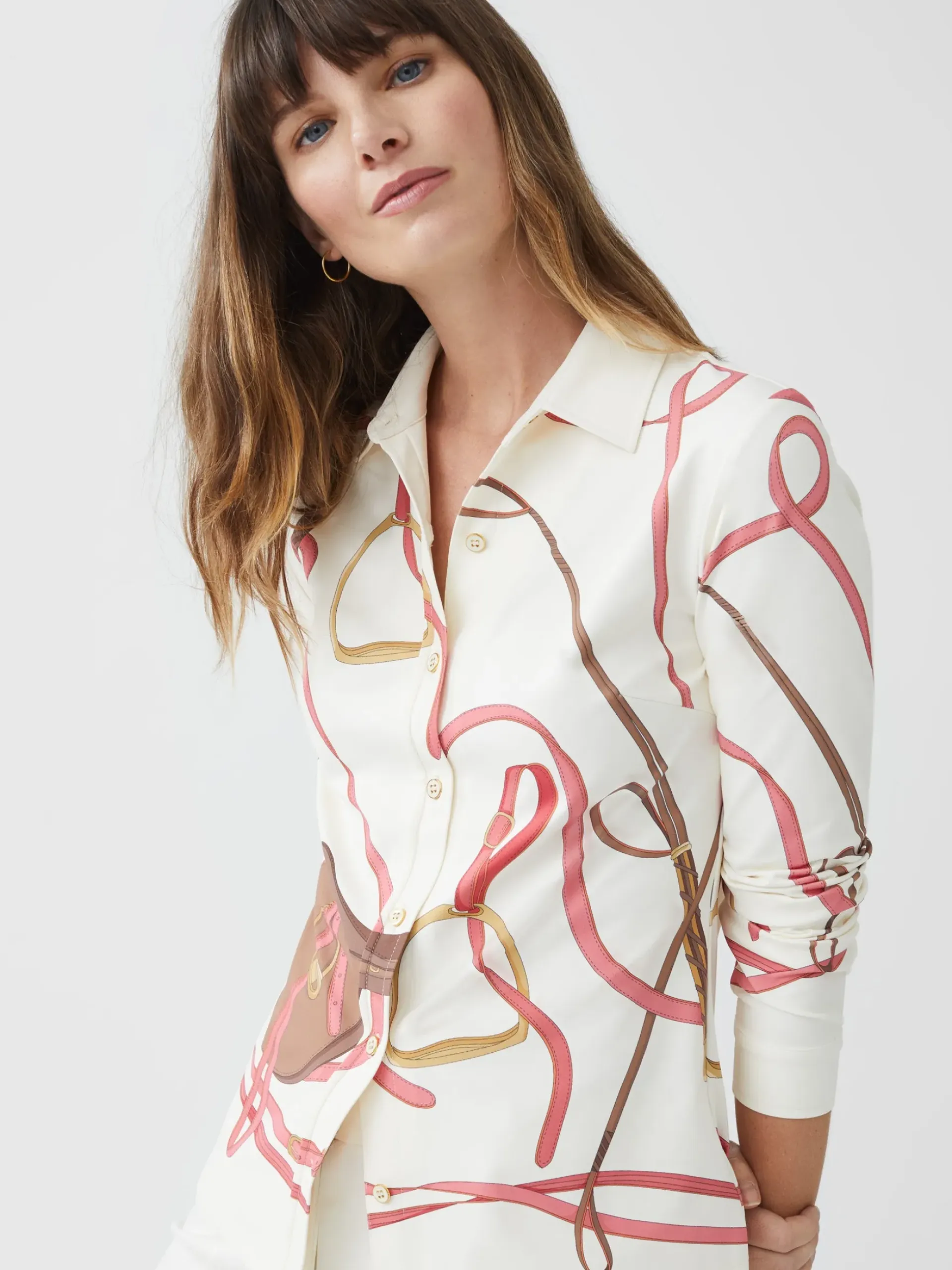 J.McLaughlin Betty Shirt in Neo Palomino Cream/Coral/Gold Clearance