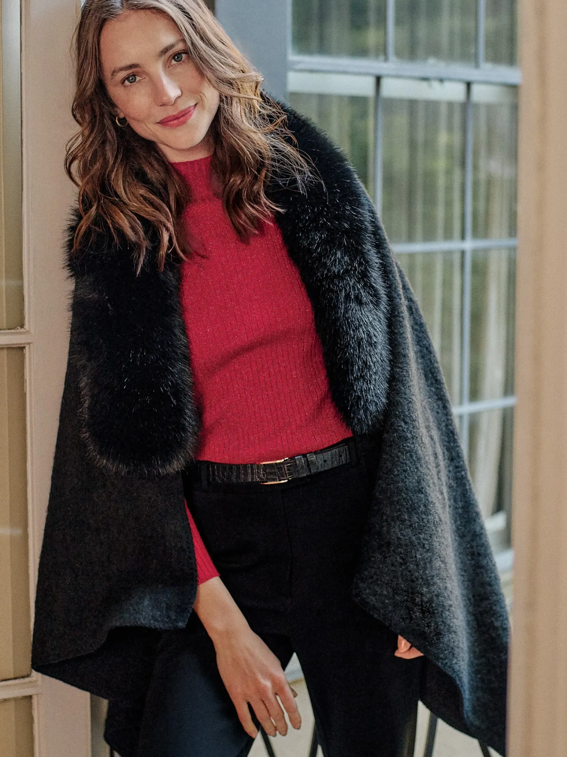 J.McLaughlin Bianca Cape with Faux Fur Collar Black Online
