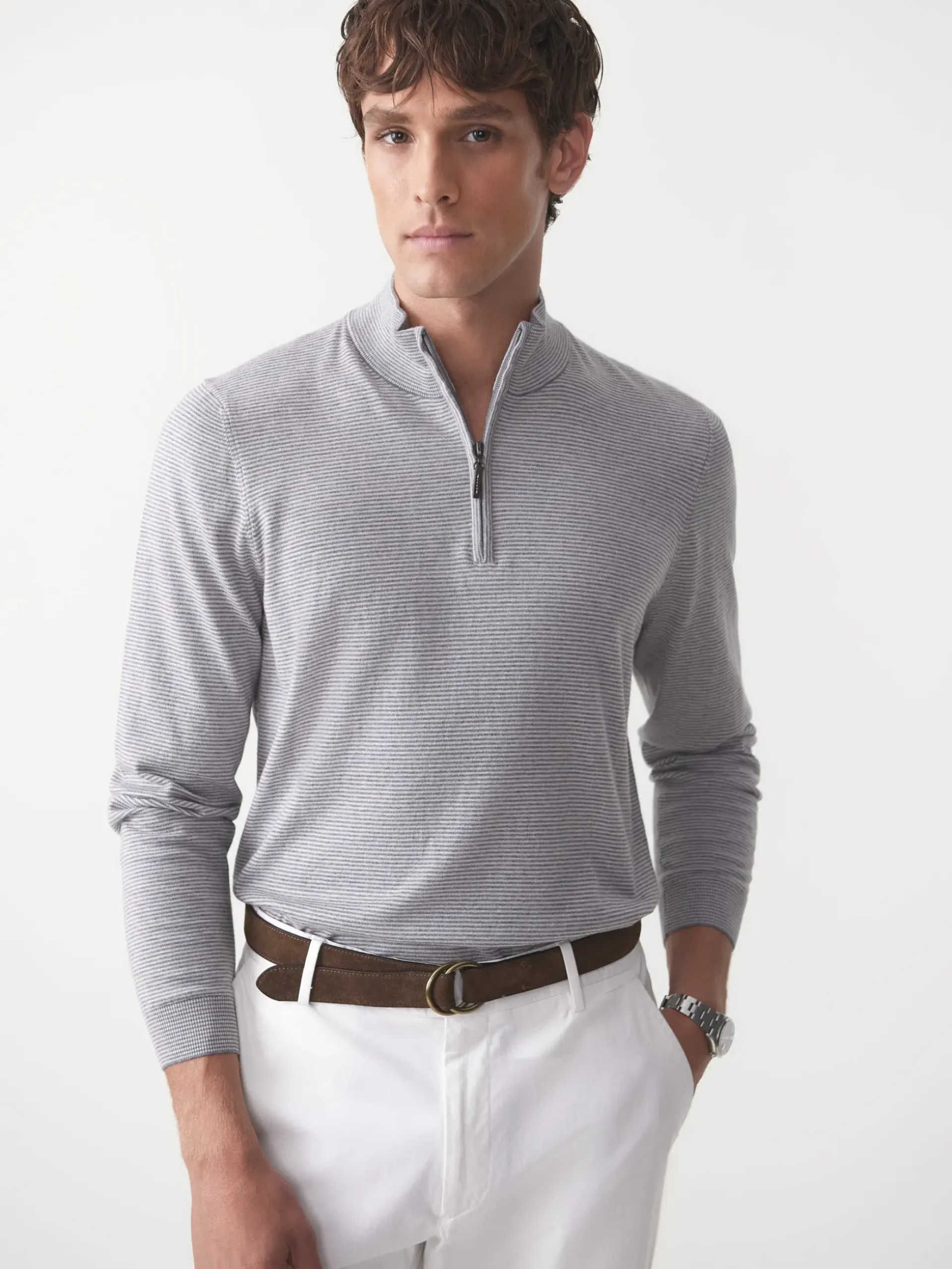 J.McLaughlin Brookhaven 1/4 Zip Sweater in Stripe Gray/LightGray Outlet