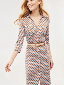 J.McLaughlin Brynn Dress in Mini Fernwood Geo Brown/DenimBlue Clearance