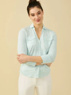 J.McLaughlin Brynn Linen Shirt in Stripe White/Aquamarine Outlet