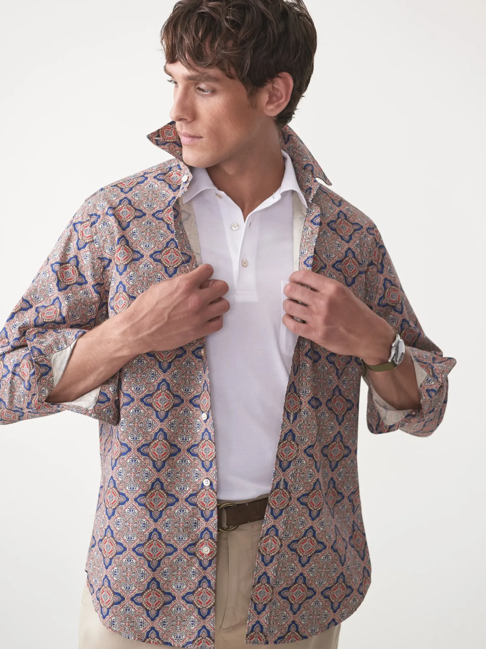 J.McLaughlin Collis Classic Fit Shirt in Mini Paisley Tile Navy/Brown Outlet