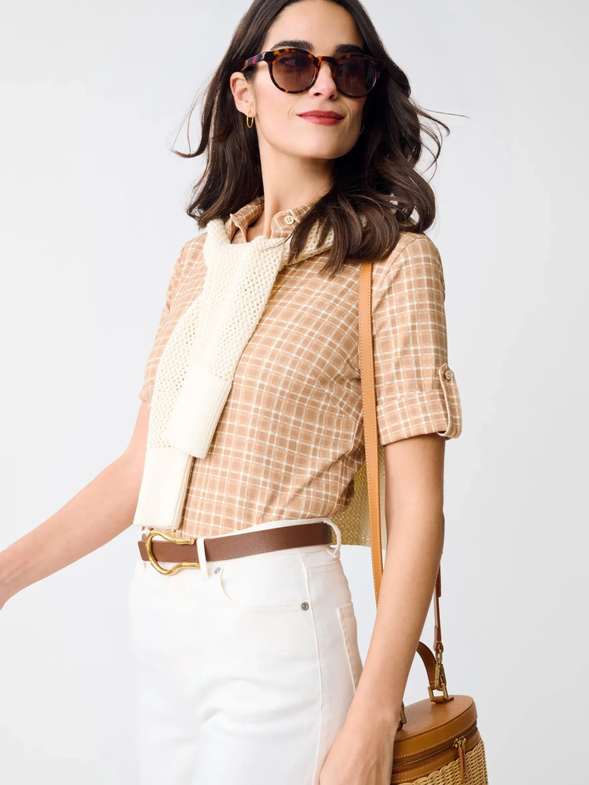 J.McLaughlin Cornelia Shirt in Layered Lines Brown/Tan Fashion