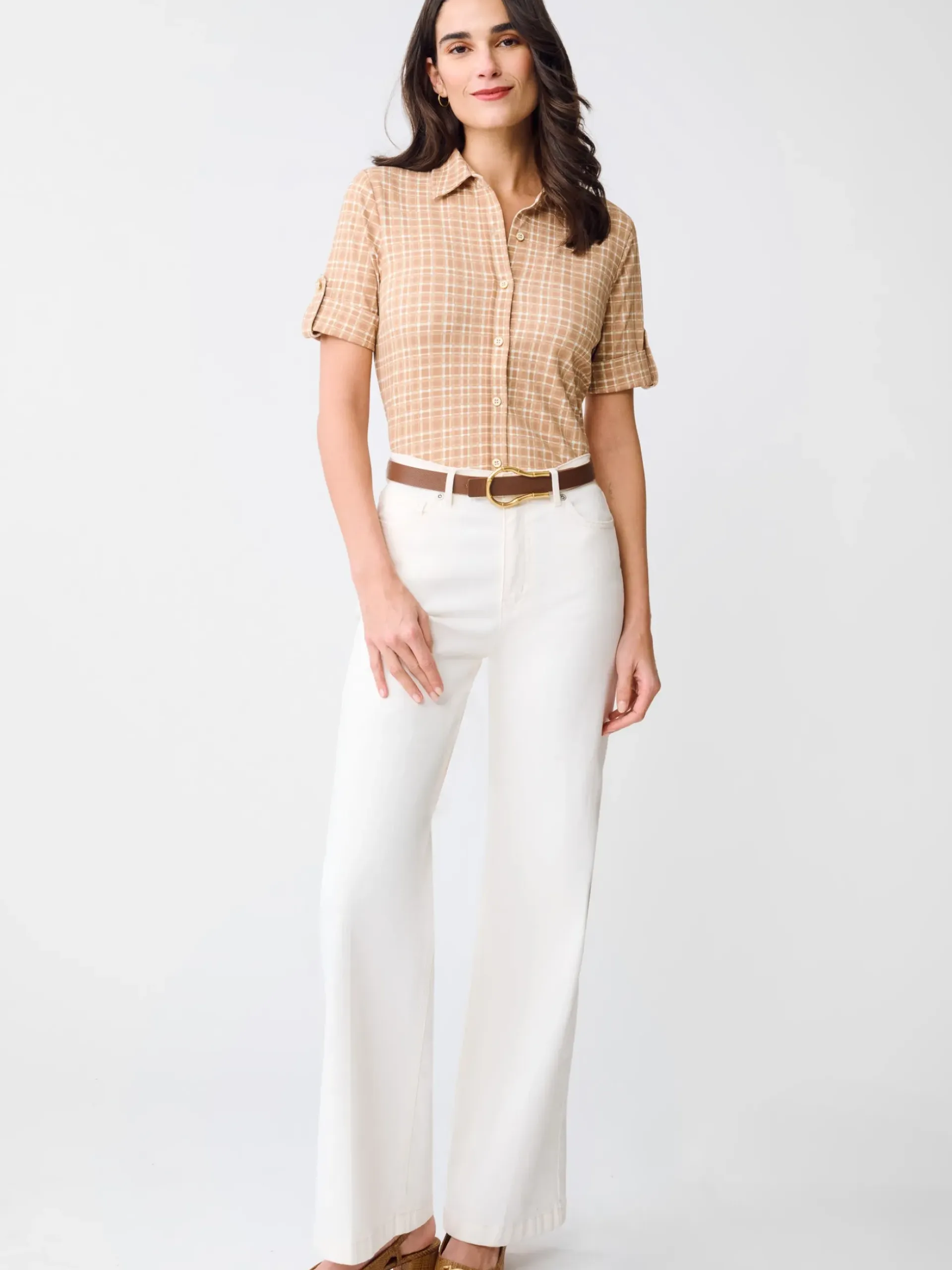 J.McLaughlin Cornelia Shirt in Layered Lines Brown/Tan Fashion