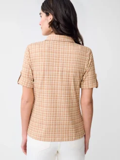 J.McLaughlin Cornelia Shirt in Layered Lines Brown/Tan Fashion
