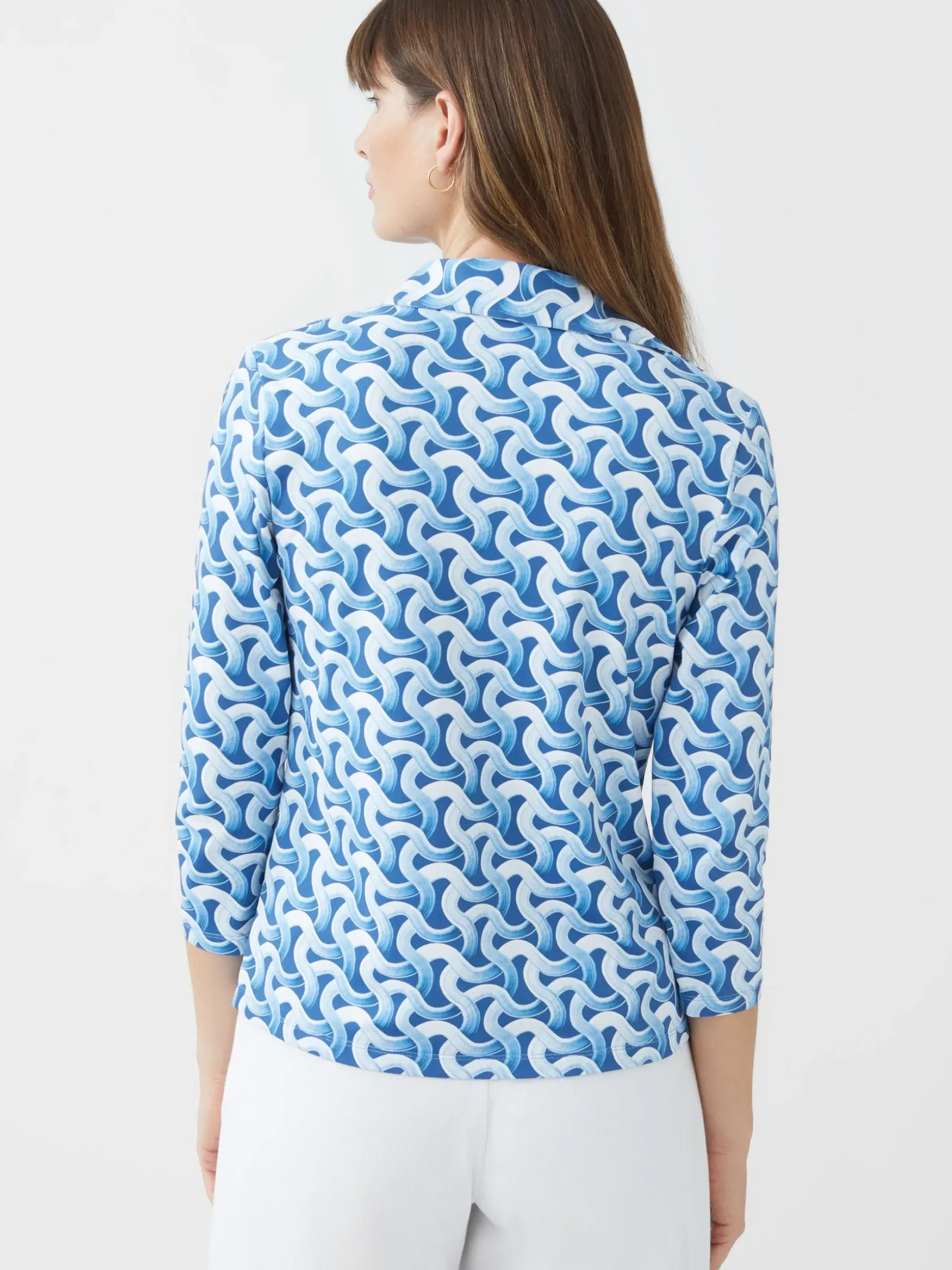 J.McLaughlin Cornelia 3/4 Sleeve Shirt in Mini Dream Weaver DarkBlue/Blue Hot