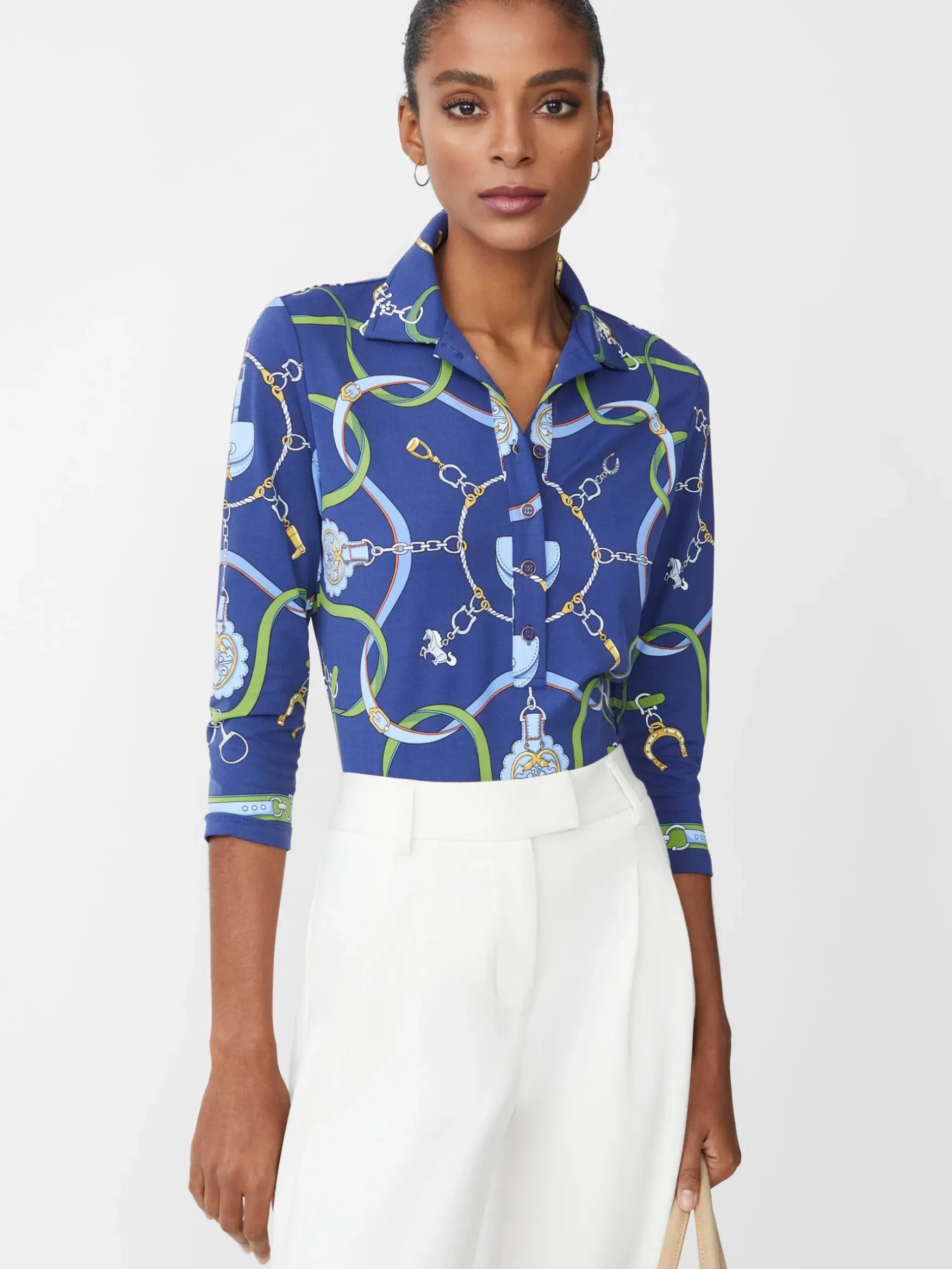J.McLaughlin Court 3/4 Sleeve Polo in Fairfax Crest Navy/Green/Blue Hot