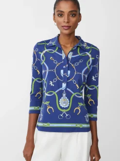 J.McLaughlin Court 3/4 Sleeve Polo in Fairfax Crest Navy/Green/Blue Hot