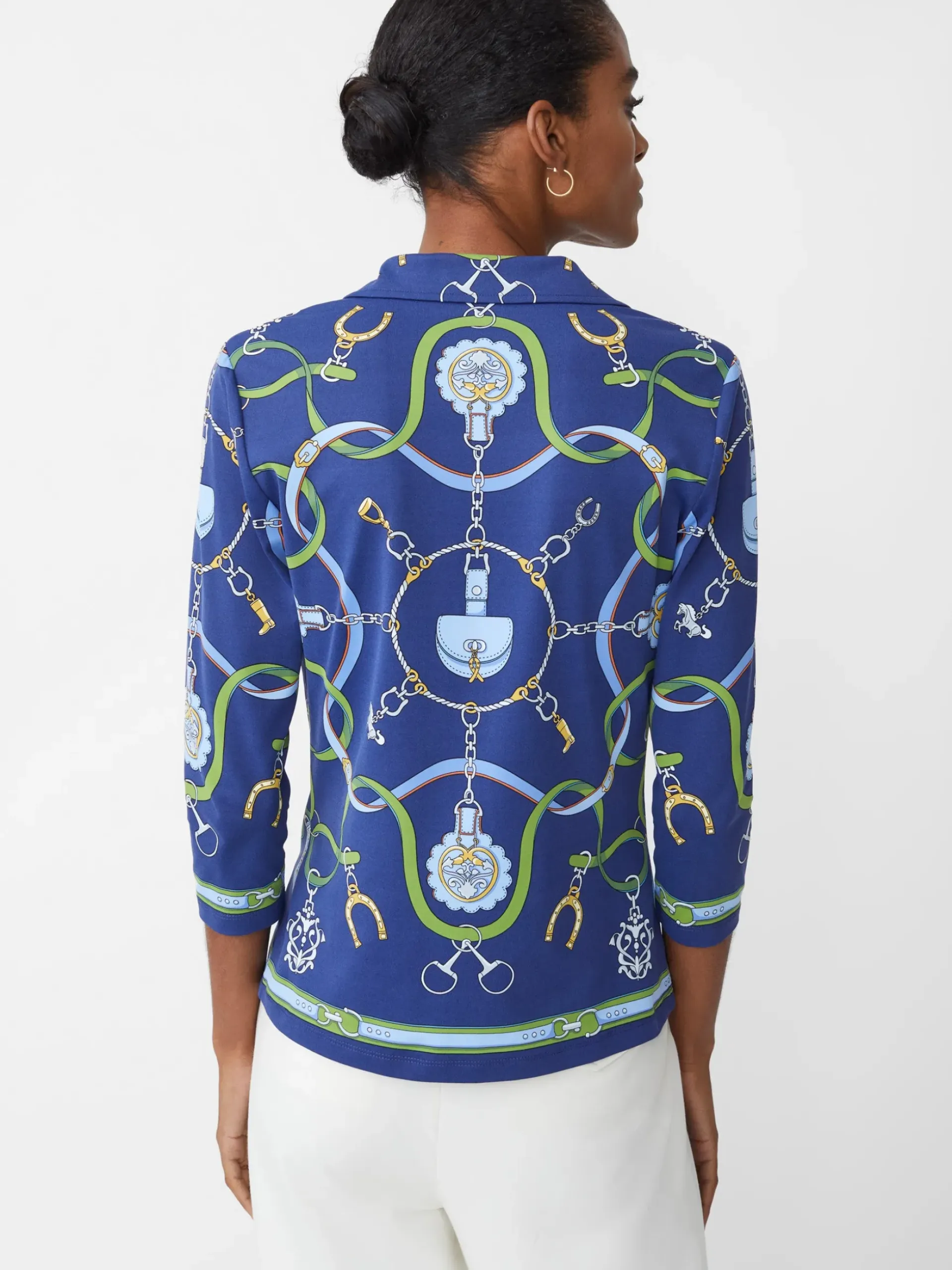 J.McLaughlin Court 3/4 Sleeve Polo in Fairfax Crest Navy/Green/Blue Hot