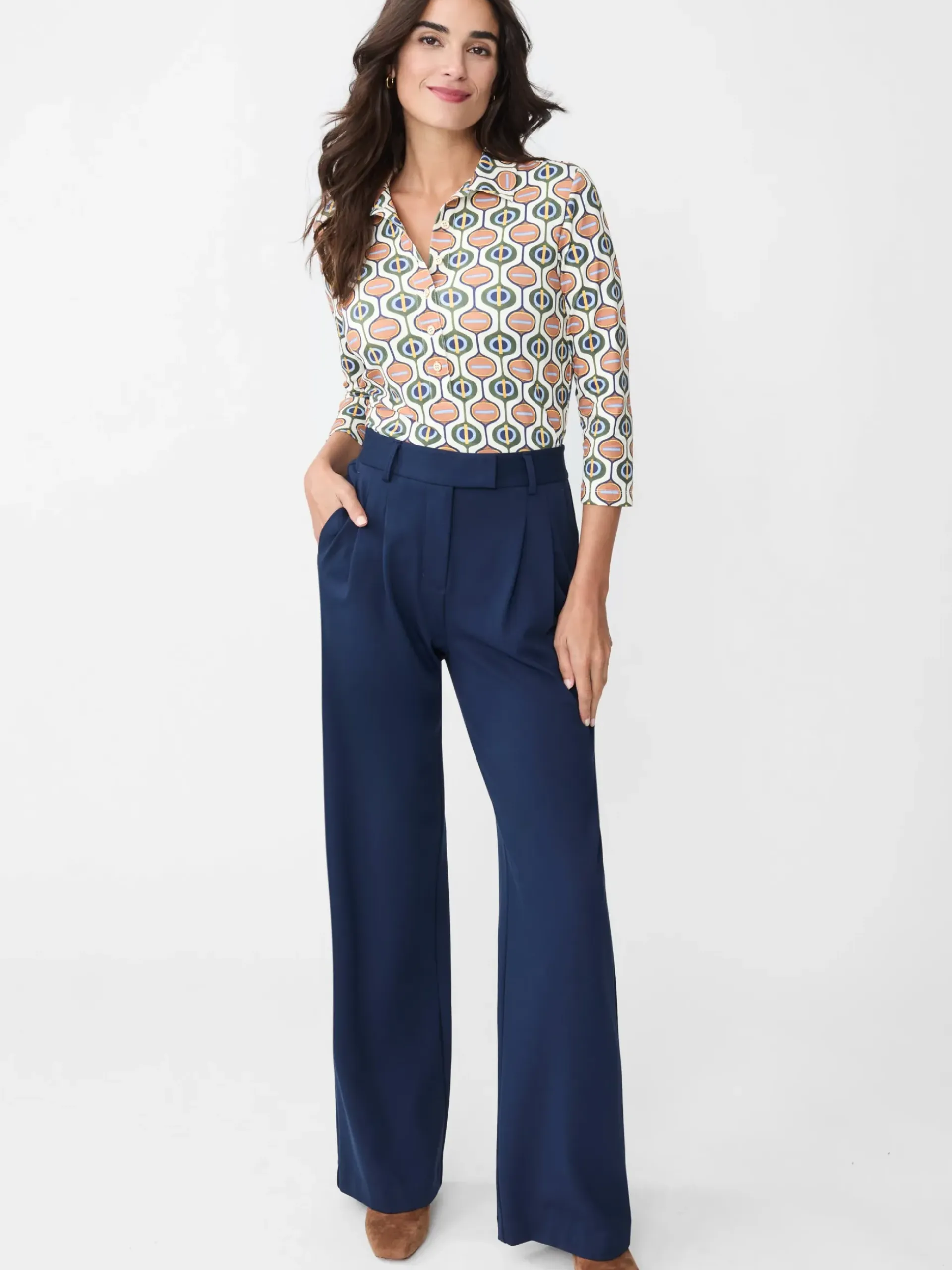 J.McLaughlin Court 3/4 Sleeve Polo in Mod Orbit Cream/Navy/Green Clearance