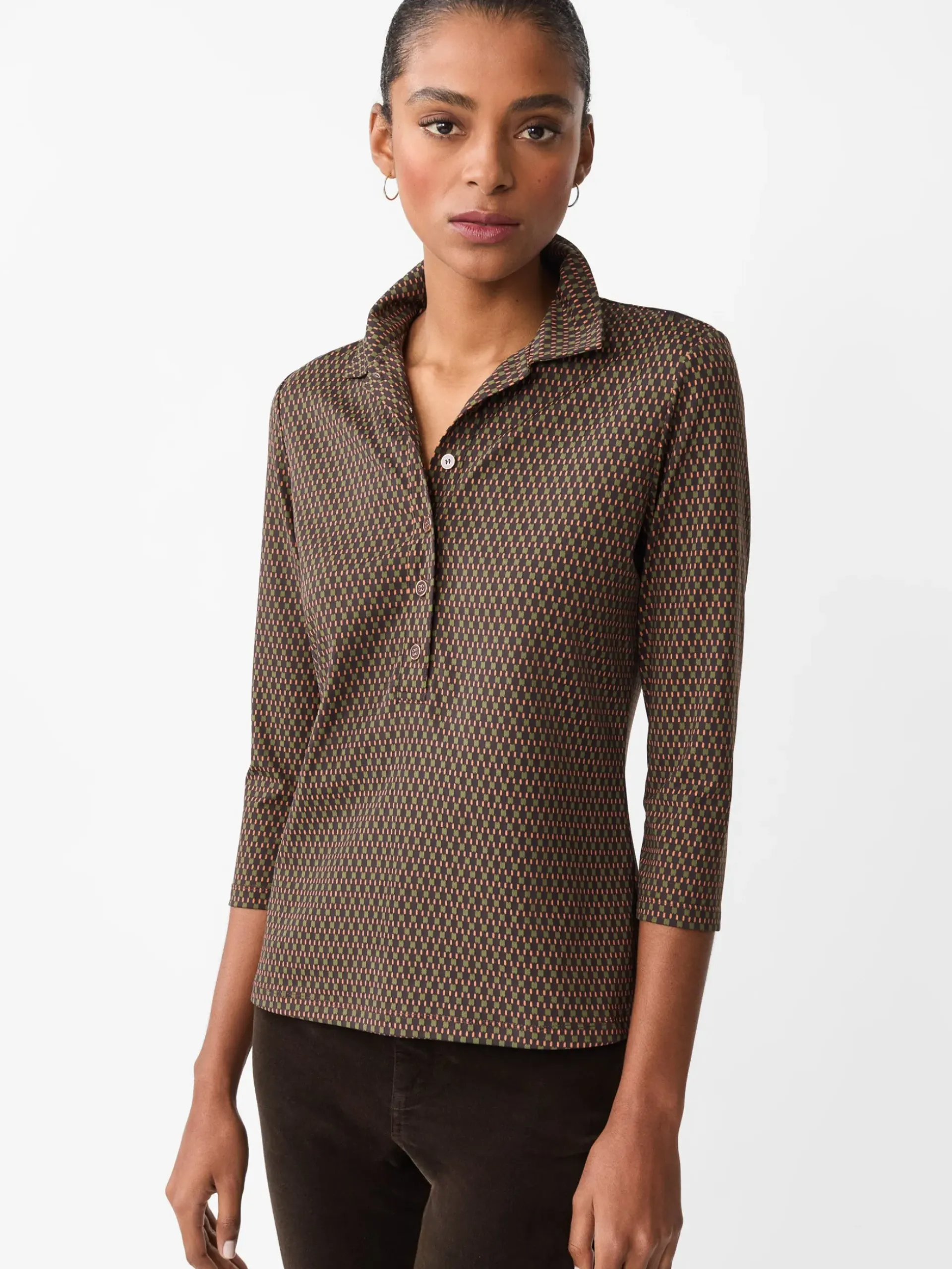 J.McLaughlin Court 3/4 Sleeve Polo in Rubiks Check Brown/Olive Discount