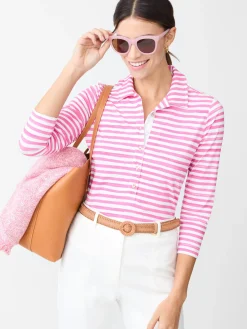 J.McLaughlin Court 3/4 Sleeve Polo in Santa Rosa Stripe White/Fuchsia Hot