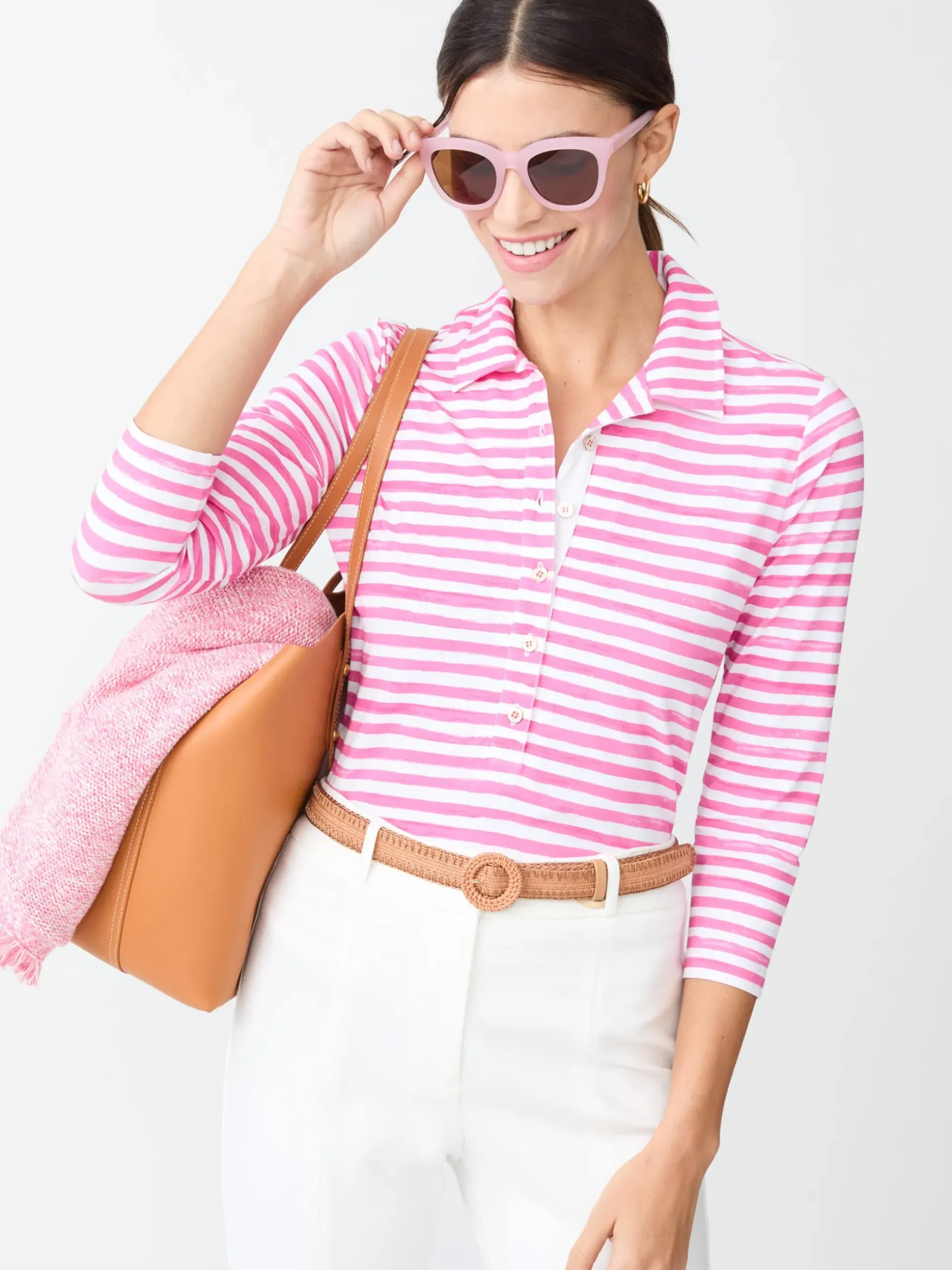 J.McLaughlin Court 3/4 Sleeve Polo in Santa Rosa Stripe White/Fuchsia Hot