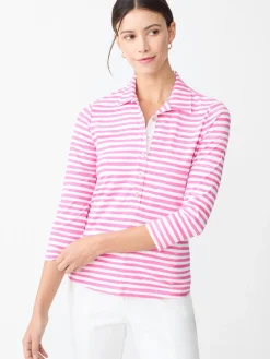 J.McLaughlin Court 3/4 Sleeve Polo in Santa Rosa Stripe White/Fuchsia Hot