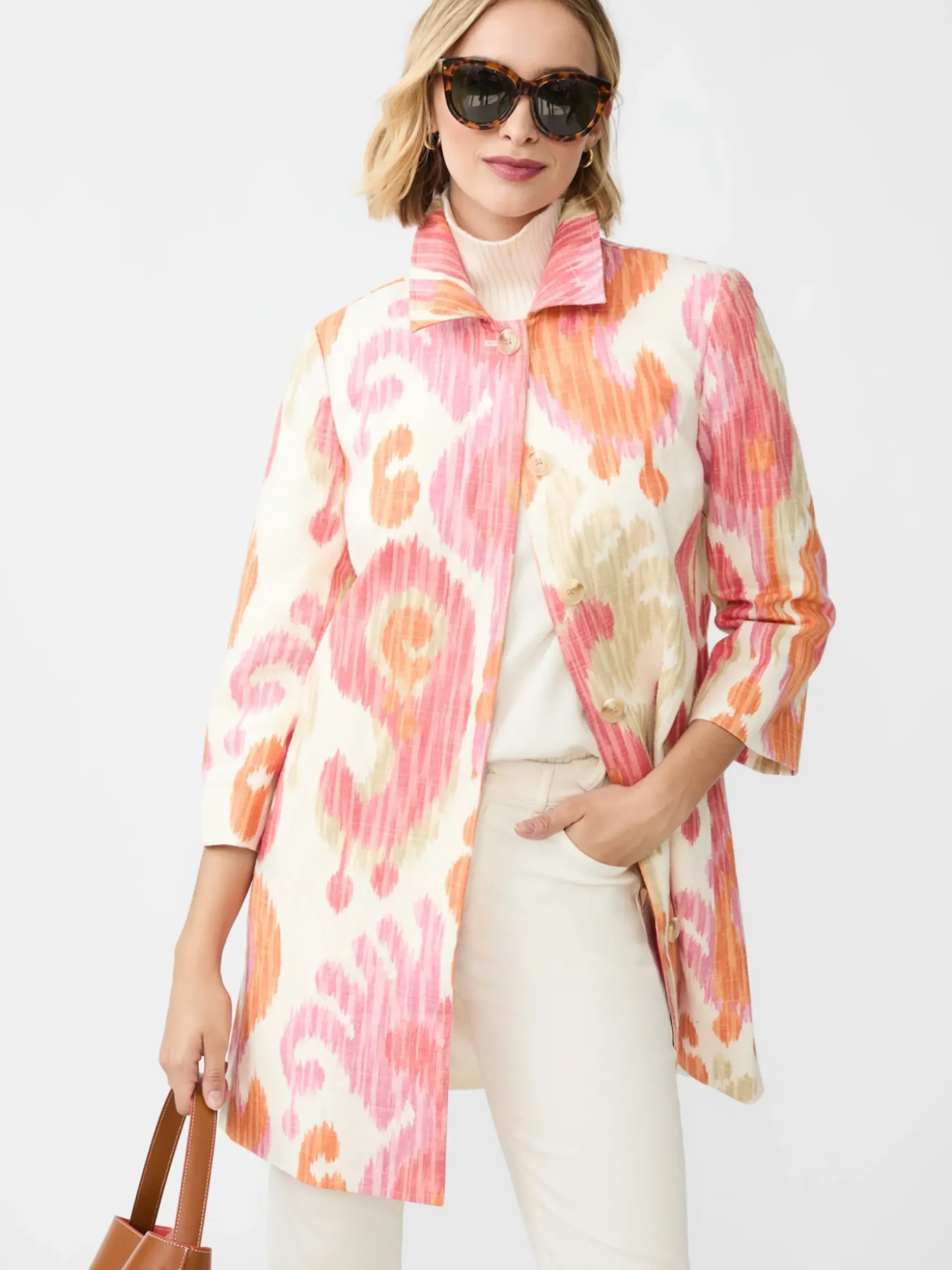 J.McLaughlin Deirdre Coat in Ikat Swirl Orange/Pink/Taupe Best