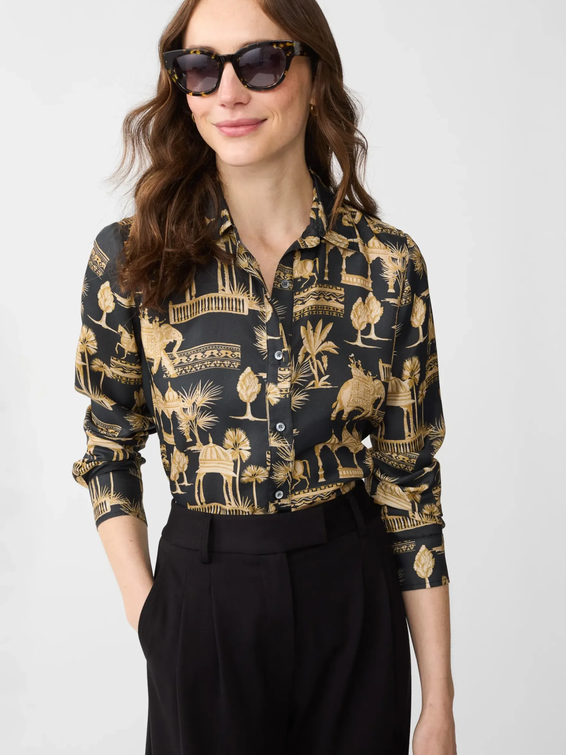 J.McLaughlin Denver Silk Blend Shirt in Desert Toile Black/Sand Fashion