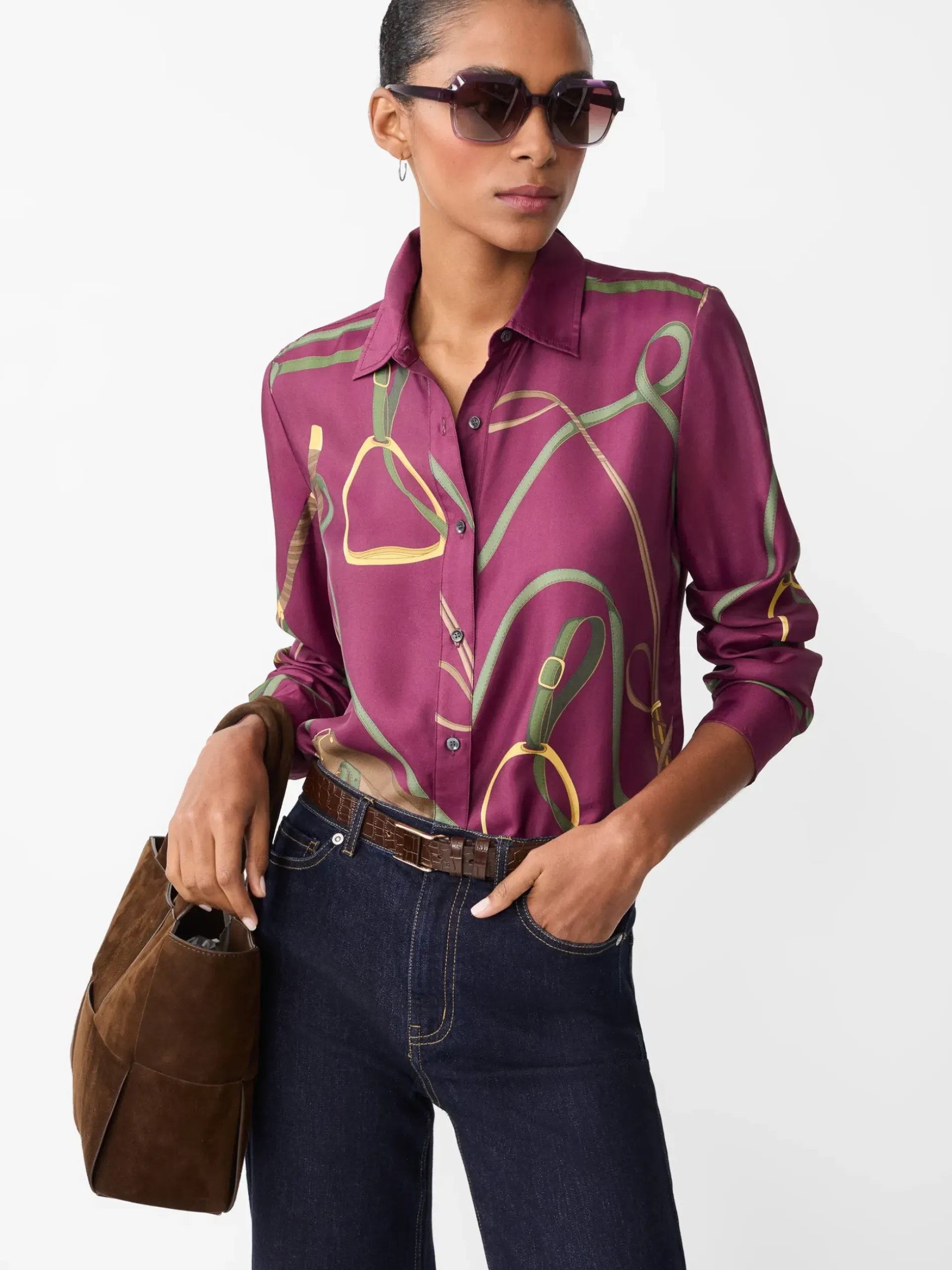 J.McLaughlin Denver Silk Blend Shirt in Modern Palomino Burgundy/Olive Online
