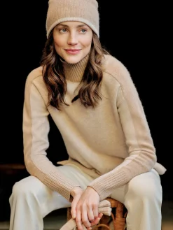 J.McLaughlin Dina Cashmere Turtleneck in Color Block HeatherOatmeal/Camel Hot