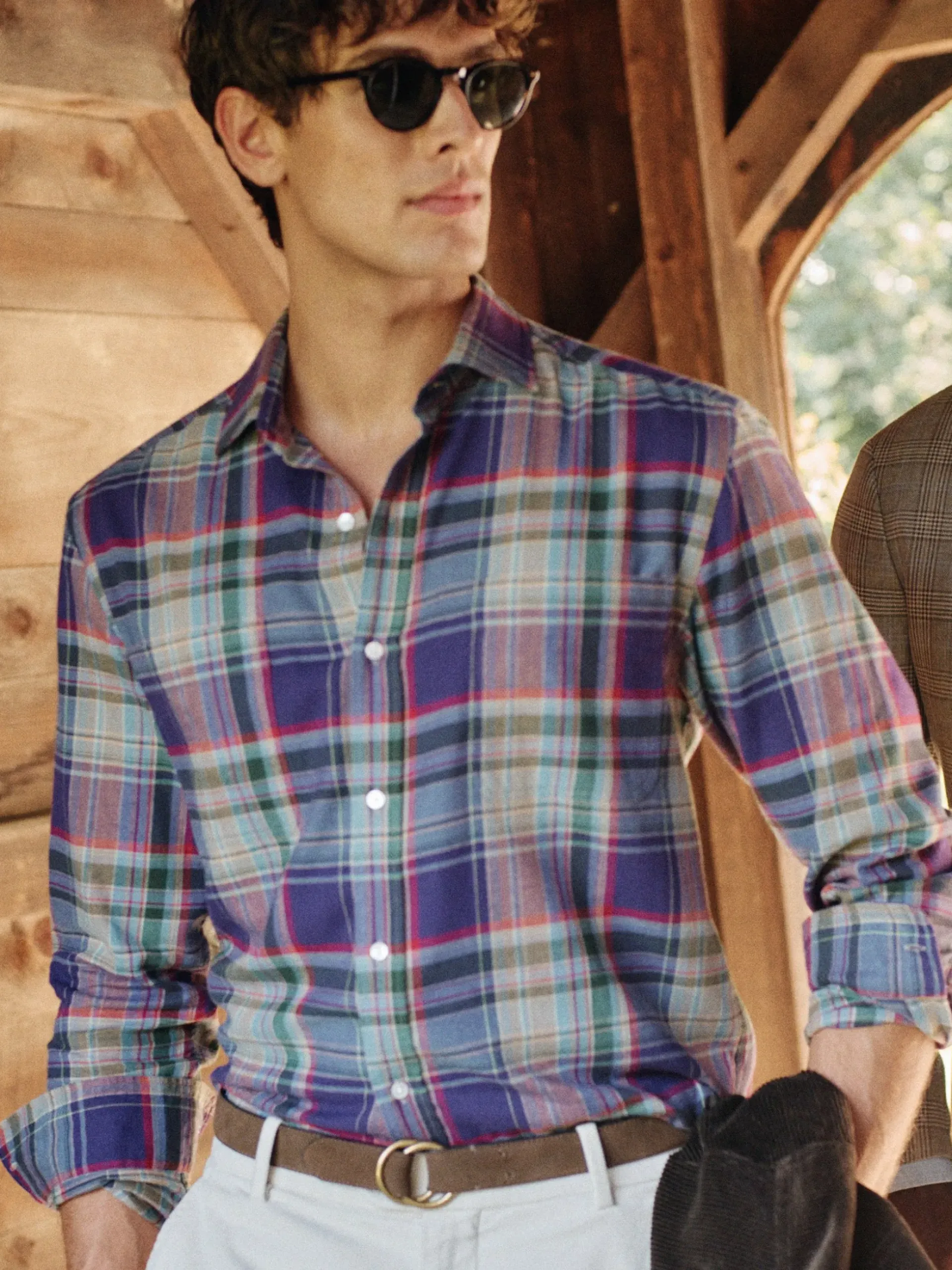 J.McLaughlin Dobson Classic Fit Flannel Shirt in Plaid Navy/Blue/Burgundy Fashion
