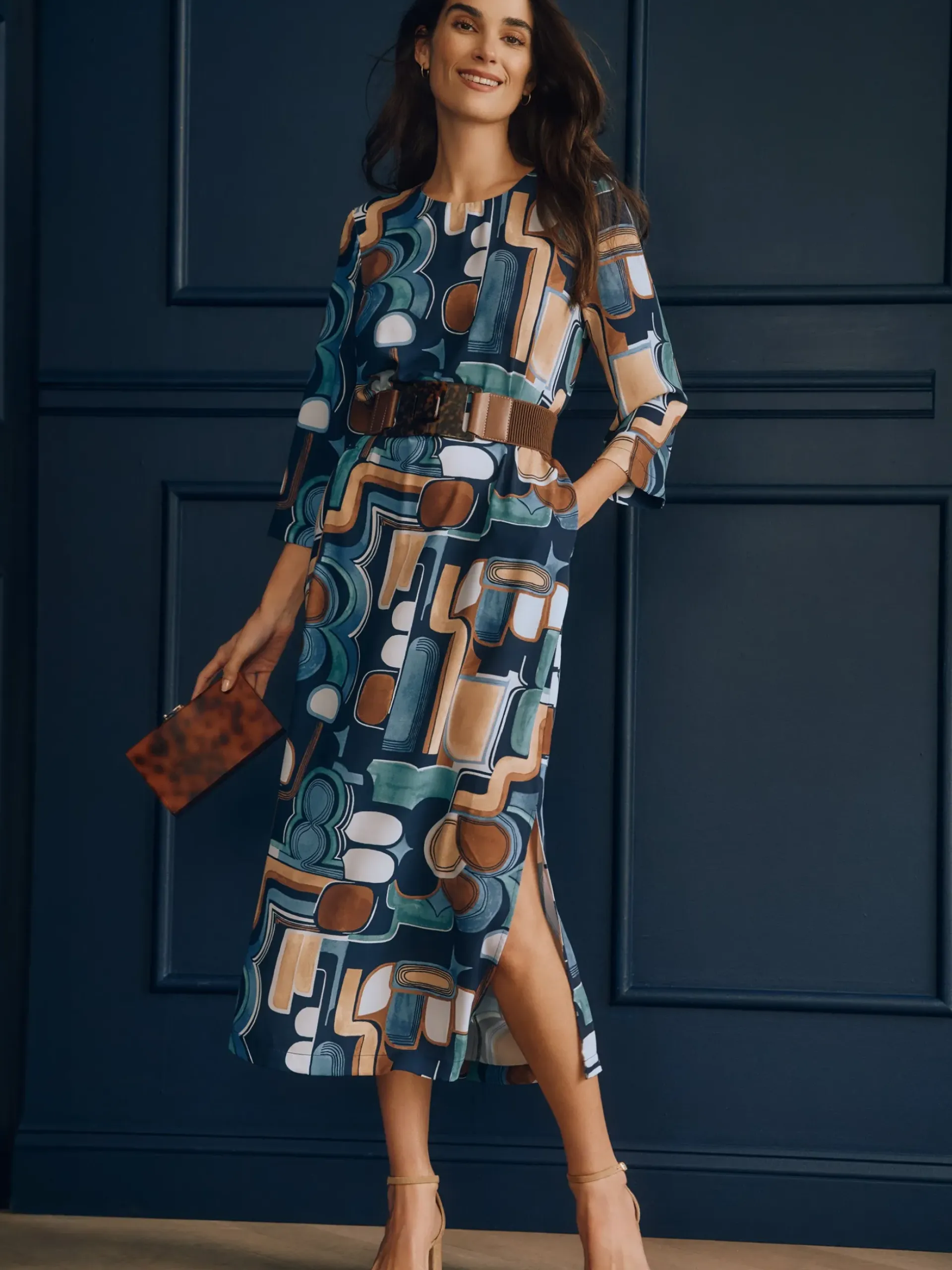 J.McLaughlin Eldridge Dress in Midi Abstract Expressionism Navy/Brown/Aqua Online