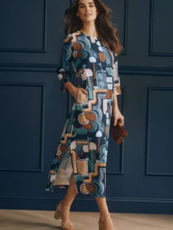 J.McLaughlin Eldridge Dress in Midi Abstract Expressionism Navy/Brown/Aqua Online