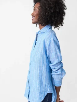 J.McLaughlin Finn Linen Shirt in Stripe Blue/White Discount