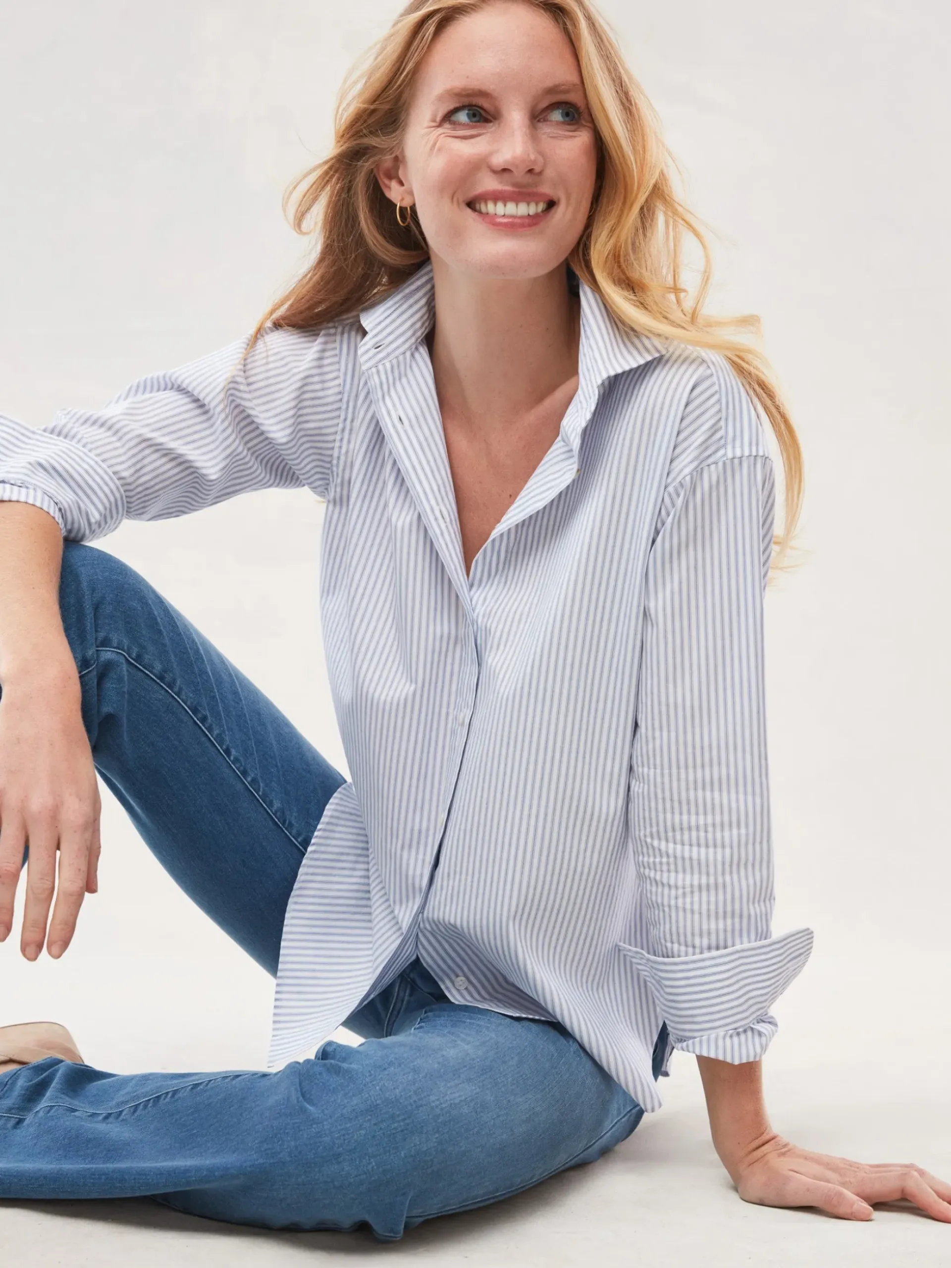 J.McLaughlin Finn Shirt in Stripe White/FrenchBlue Hot