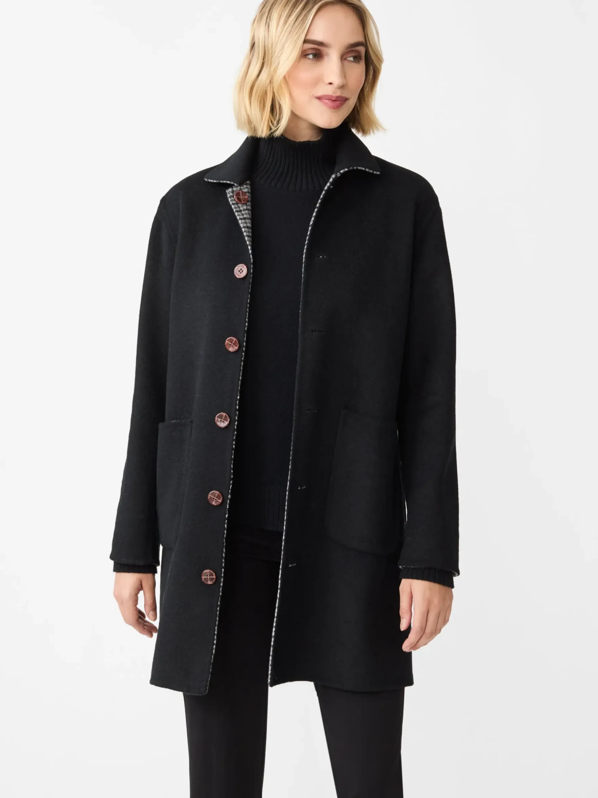 J.McLaughlin Frade Reversible Wool Coat in Houndstooth Black/Charcoal/Gray Discount