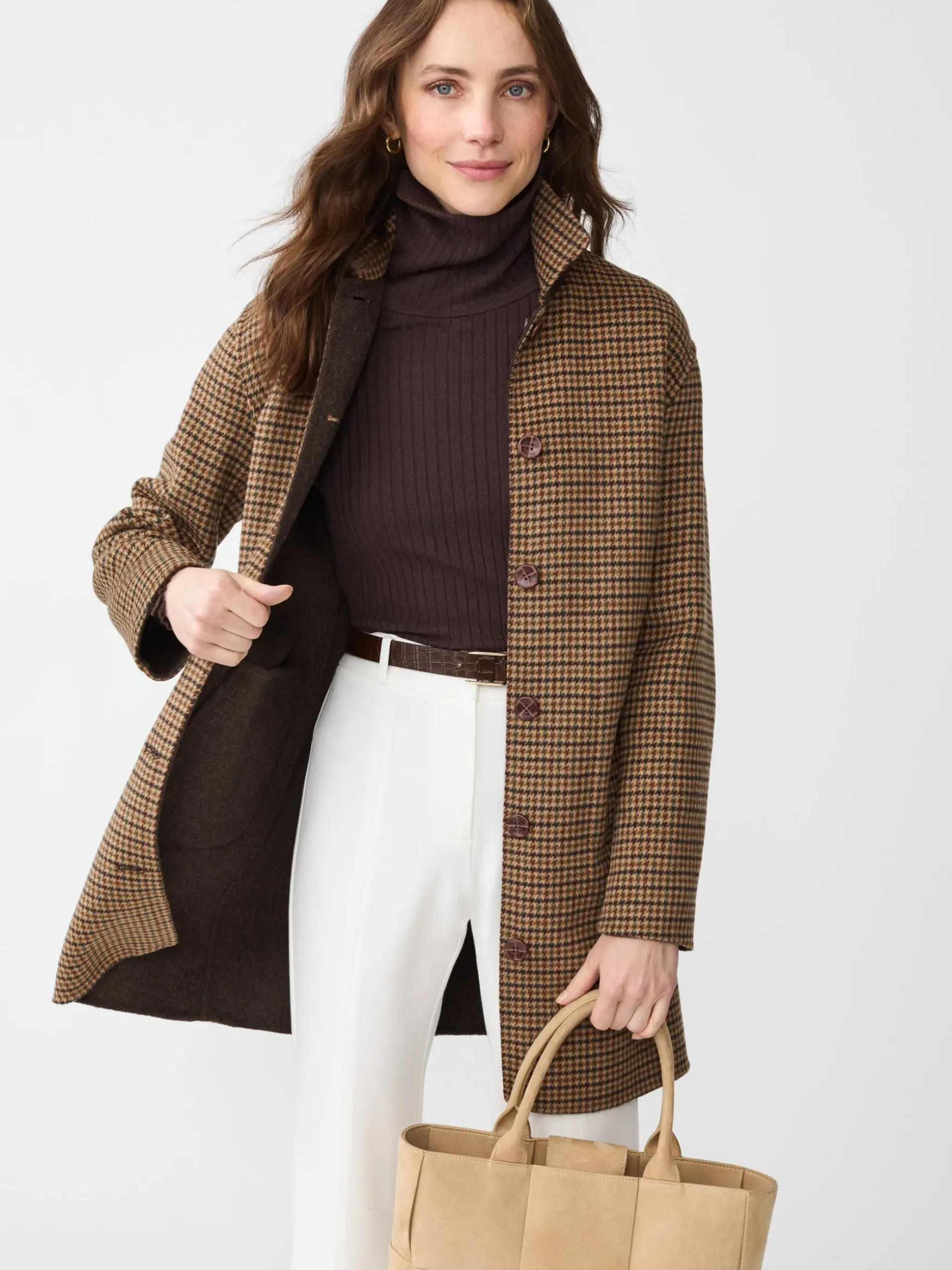 J.McLaughlin Frade Reversible Wool Coat in Houndstooth Tan/Brown/Green Discount
