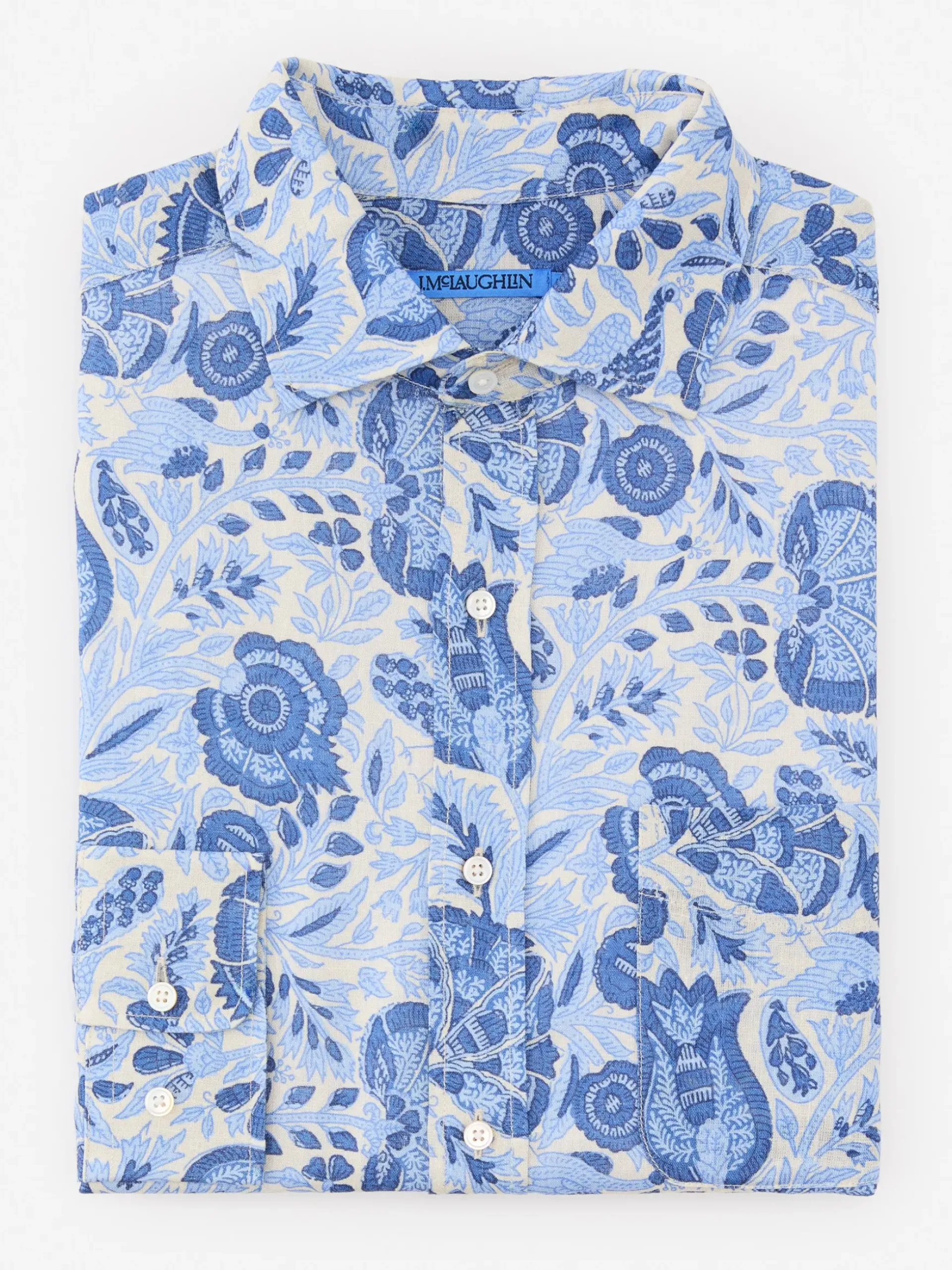 J.McLaughlin Gramercy Classic Fit Linen Shirt in Eastern Blooms Sand/Navy/Denim Outlet