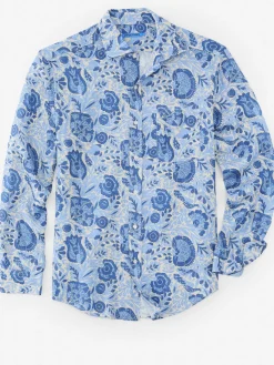 J.McLaughlin Gramercy Classic Fit Linen Shirt in Eastern Blooms Sand/Navy/Denim Outlet