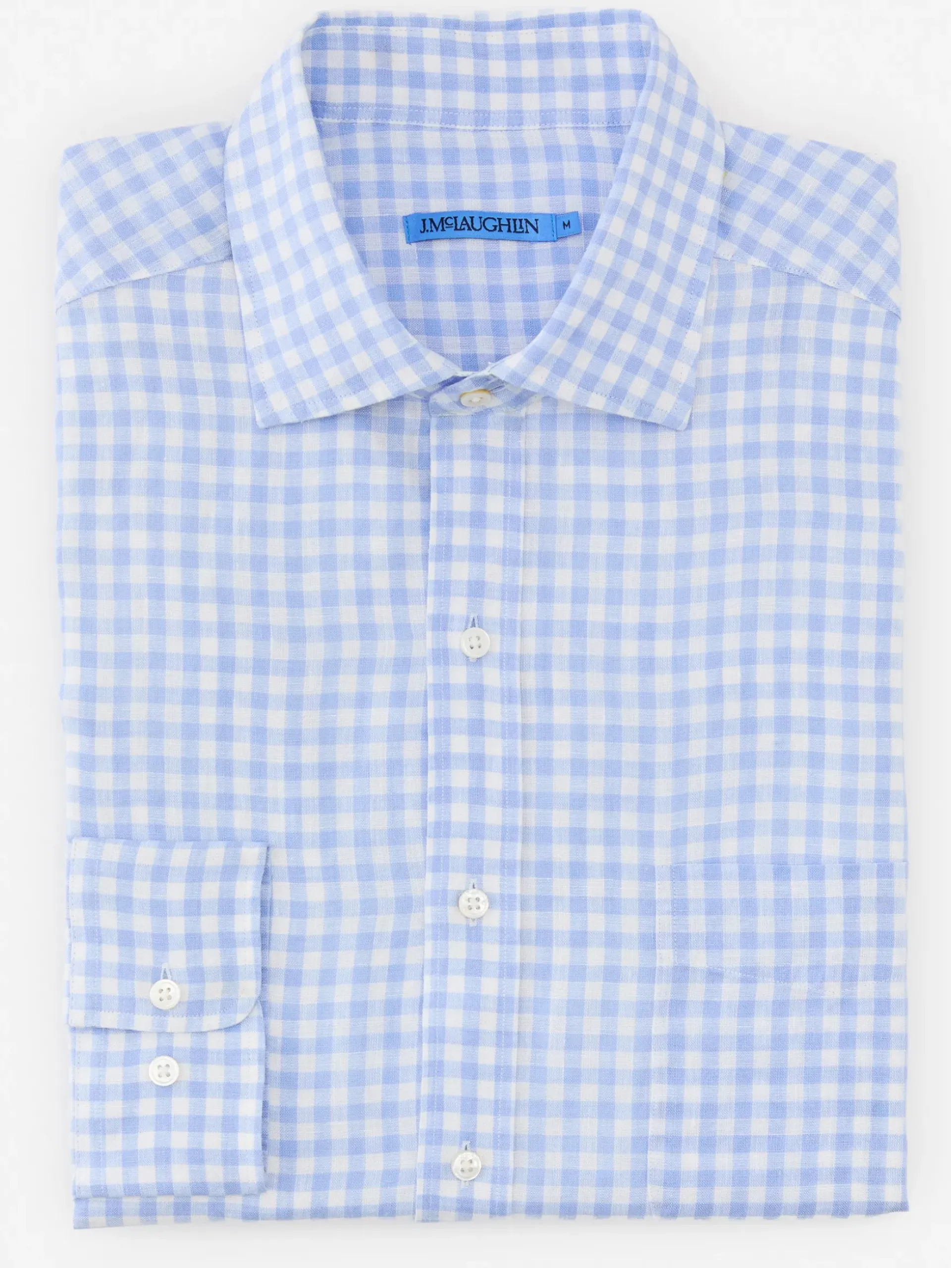 J.McLaughlin Gramercy Classic Fit Linen Shirt in Gingham Blue/White Fashion