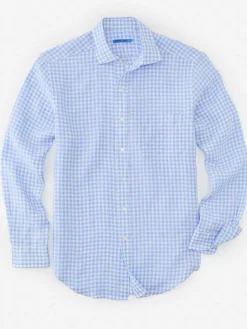 J.McLaughlin Gramercy Classic Fit Linen Shirt in Gingham Blue/White Fashion
