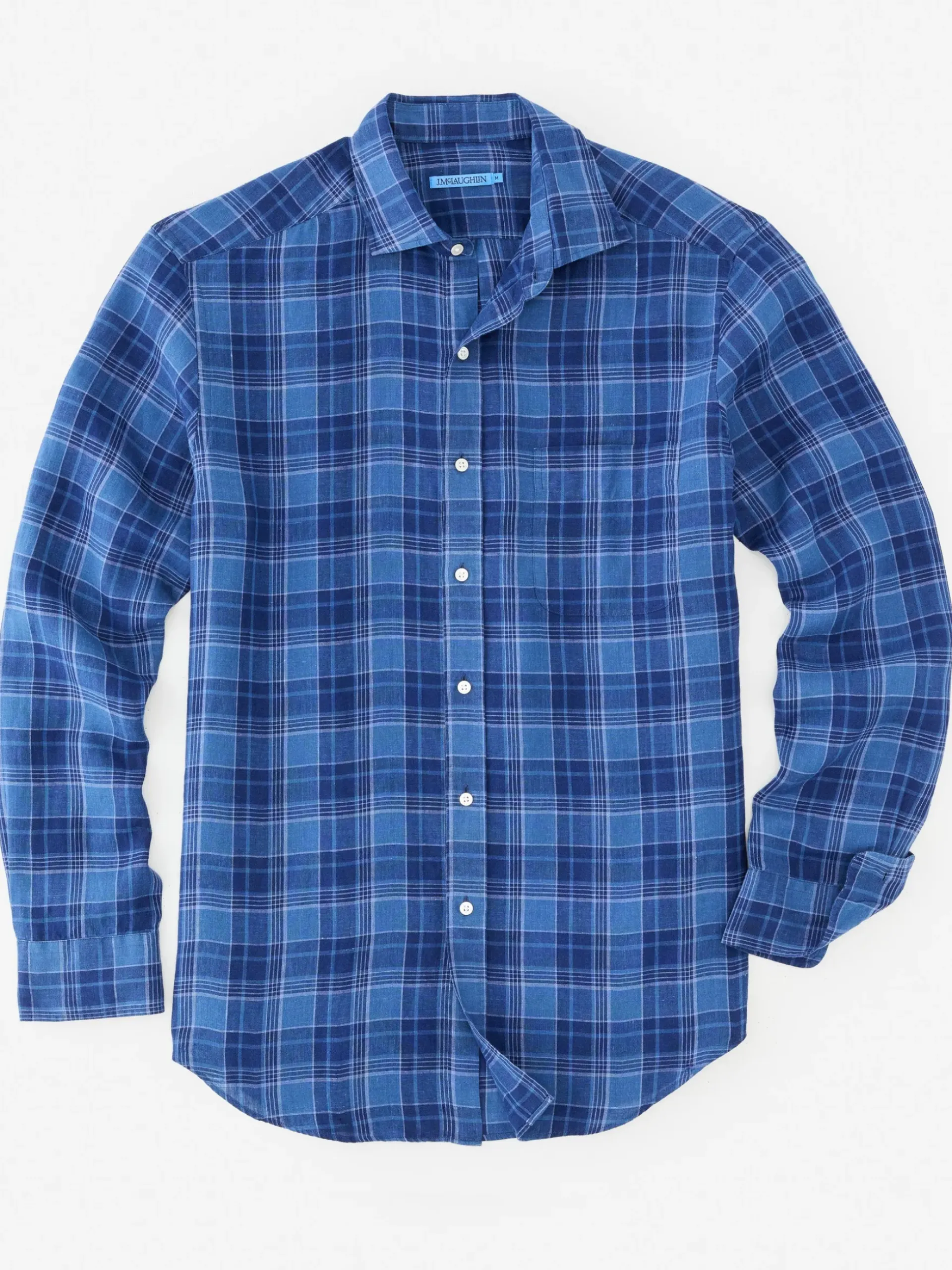 J.McLaughlin Gramercy Classic Fit Linen Shirt in Plaid Navy/Chambray Online