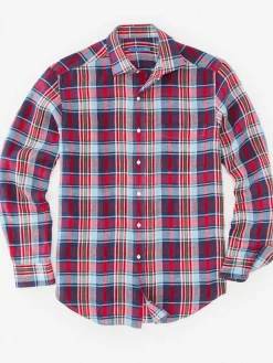 J.McLaughlin Gramercy Classic Fit Linen Shirt in Plaid Red/Blue/White Sale