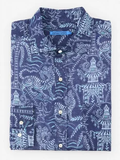 J.McLaughlin Gramercy Classic Fit Linen Shirt in Tiger Damask Navy/Blue Fashion