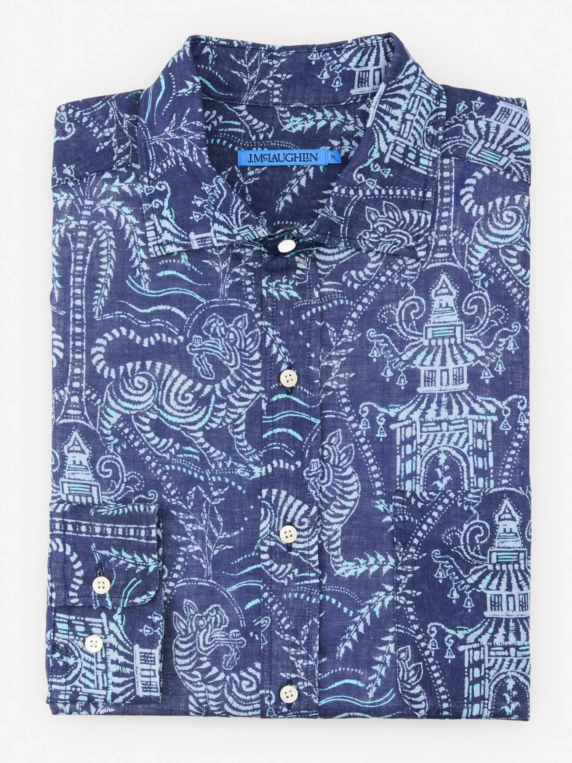 J.McLaughlin Gramercy Classic Fit Linen Shirt in Tiger Damask Navy/Blue Fashion