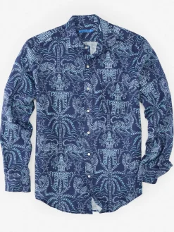 J.McLaughlin Gramercy Classic Fit Linen Shirt in Tiger Damask Navy/Blue Fashion