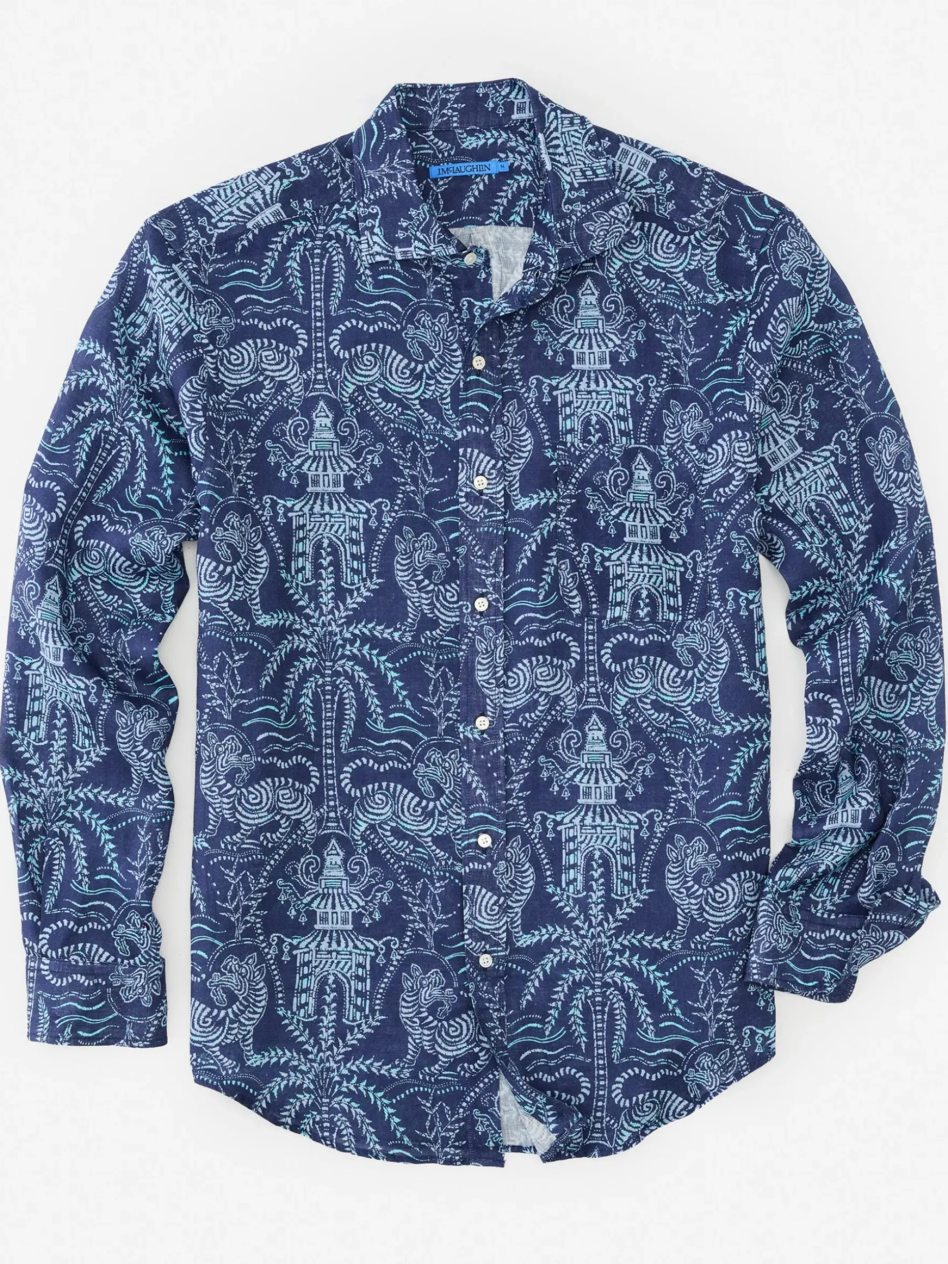 J.McLaughlin Gramercy Classic Fit Linen Shirt in Tiger Damask Navy/Blue Fashion