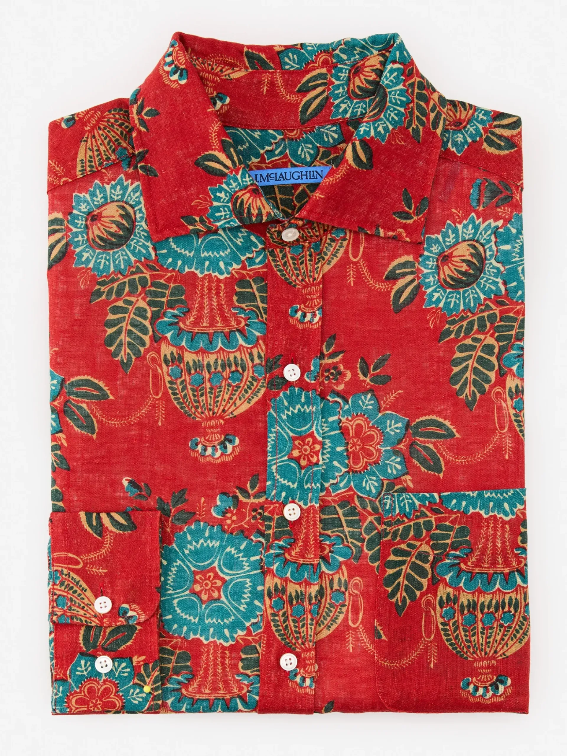 J.McLaughlin Gramercy Classic Fit Linen Shirt in Vintage Bouquet Red/Multi Hot