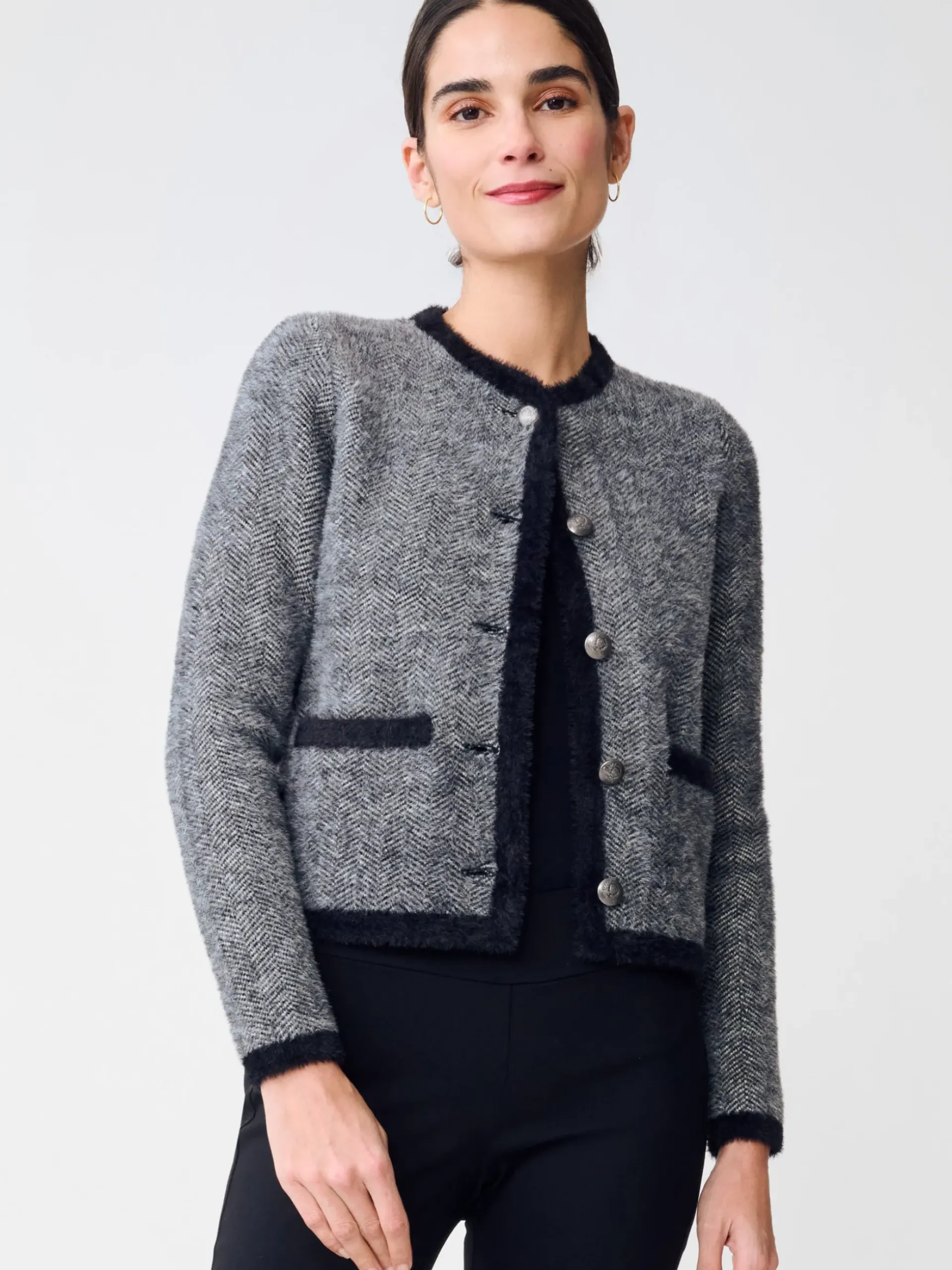 J.McLaughlin Inez Cardigan in Herringbone Jacquard Black/OffWhite Outlet