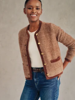 J.McLaughlin Inez Cardigan in Herringbone Jacquard Brown/OffWhite Hot