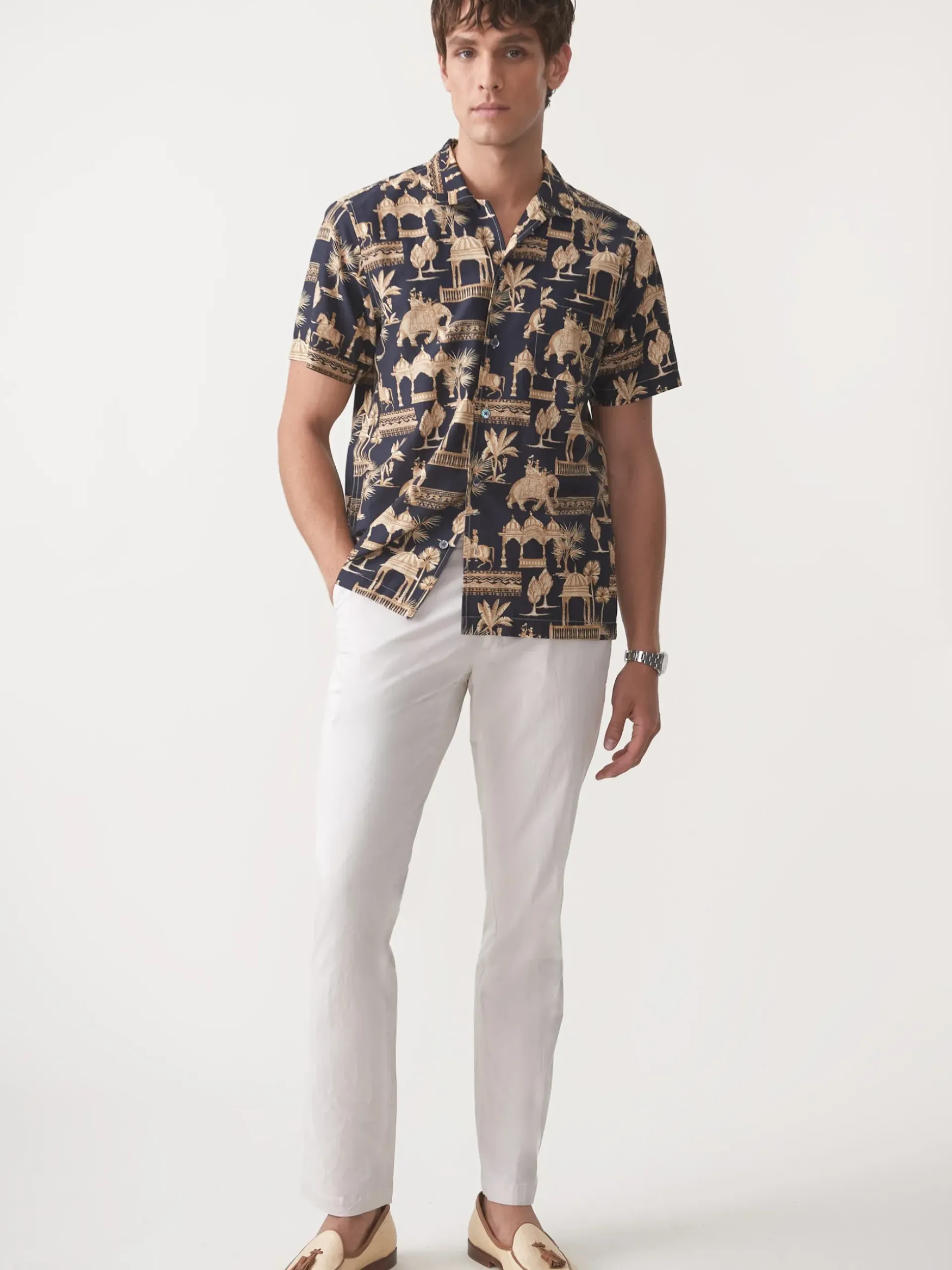 J.McLaughlin Irons Silk Blend Shirt in Desert Toile DarkNavy Clearance