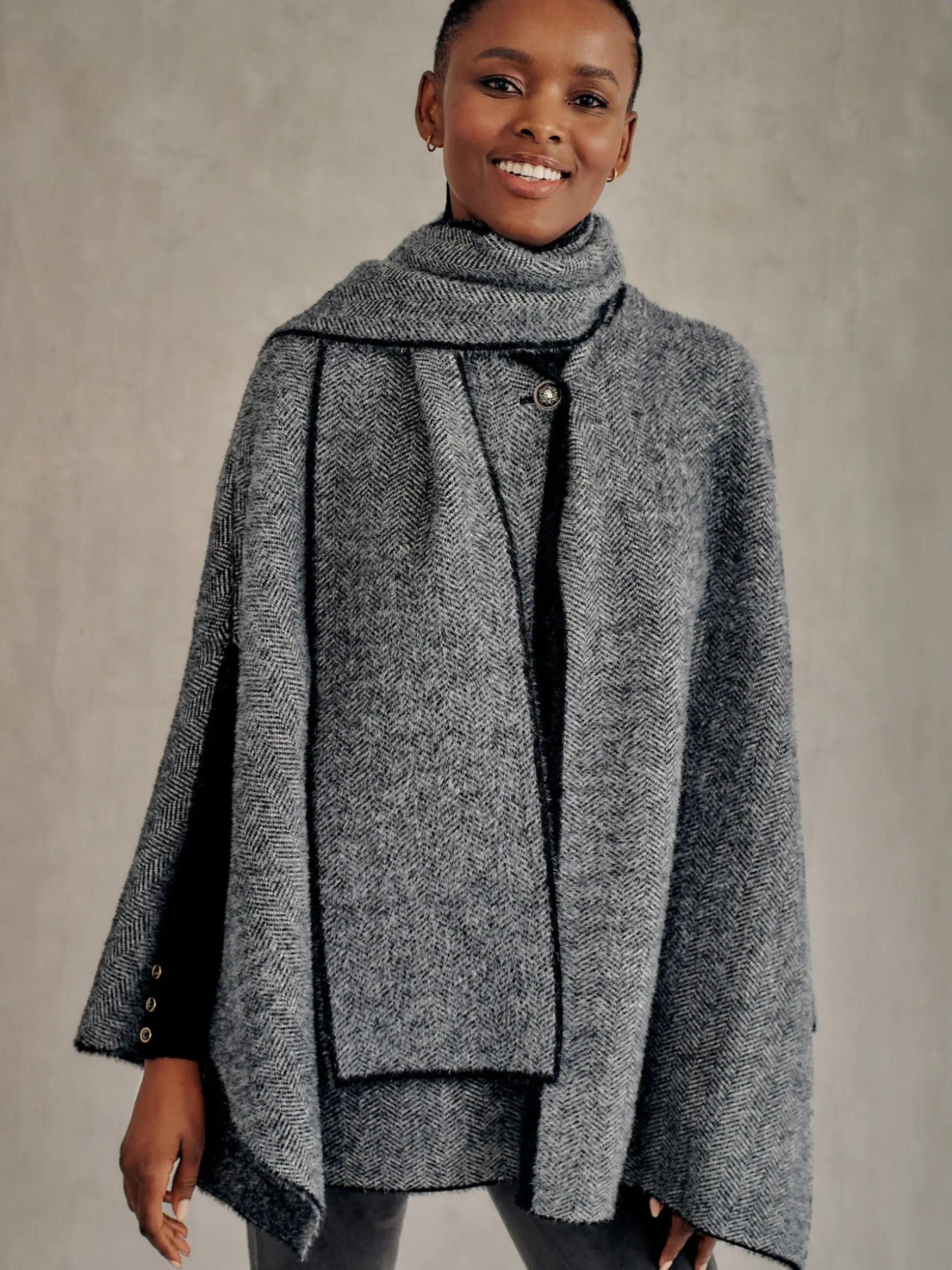 J.McLaughlin Karolina Cape in Herringbone Black/OffWhite Clearance