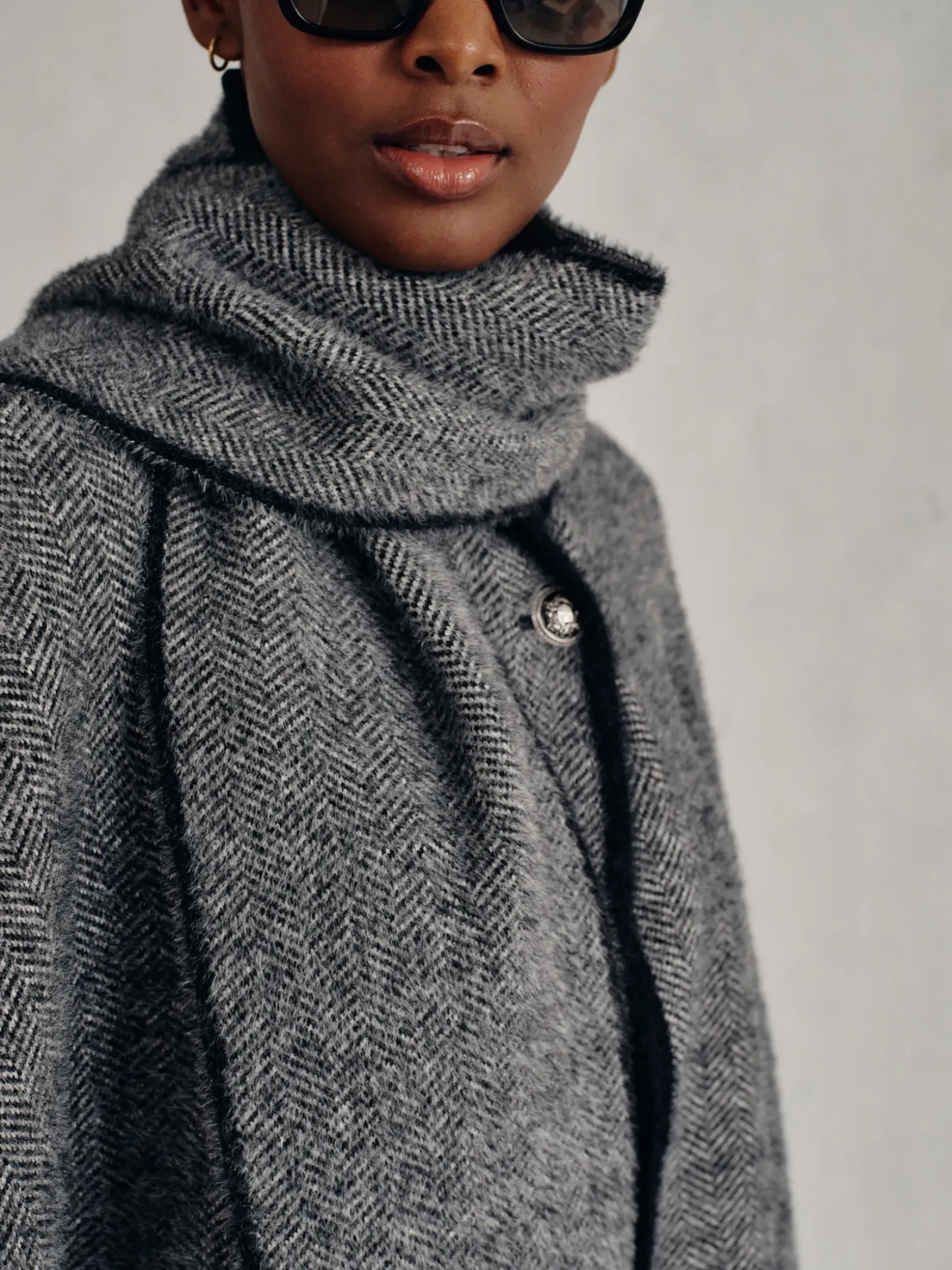 J.McLaughlin Karolina Cape in Herringbone Black/OffWhite Clearance