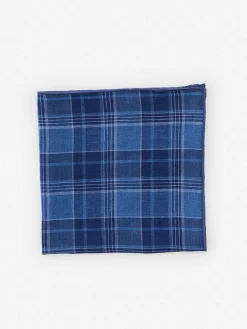J.McLaughlin Linen Pocket Square in Plaid Navy/Chambray Hot